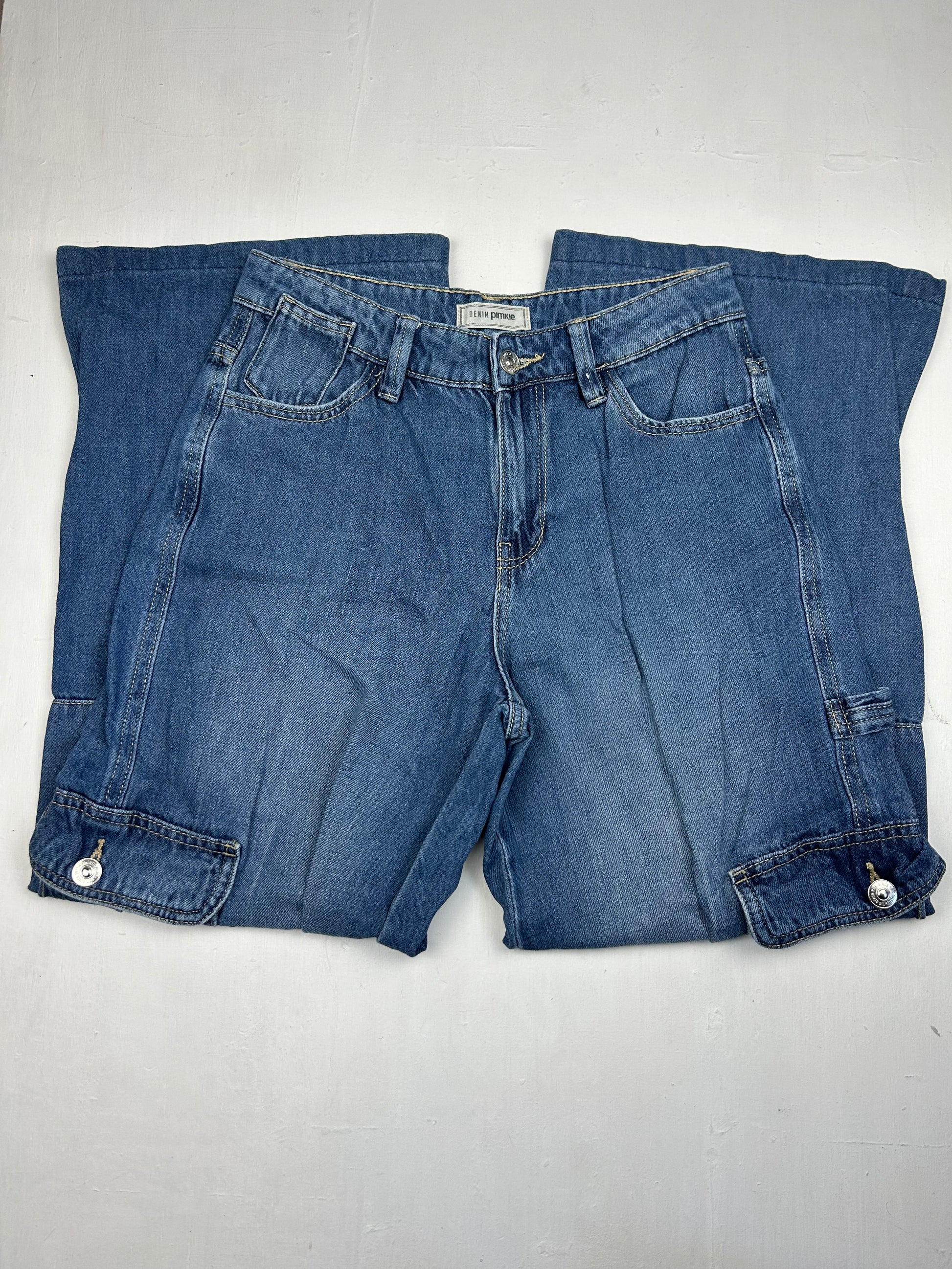 Blue denim low rise cargo baggy pants (S)