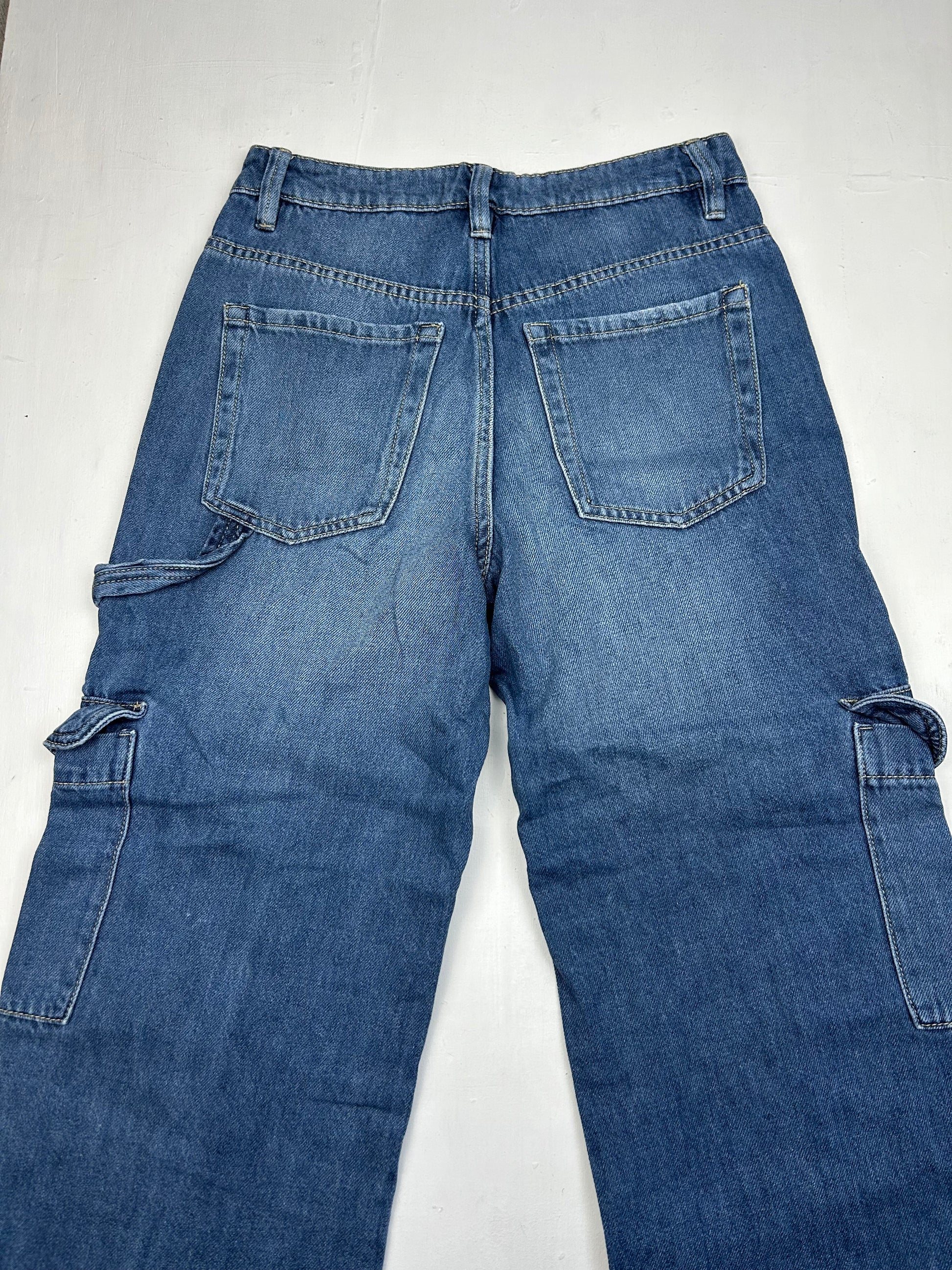 Blue denim low rise cargo baggy pants (S)