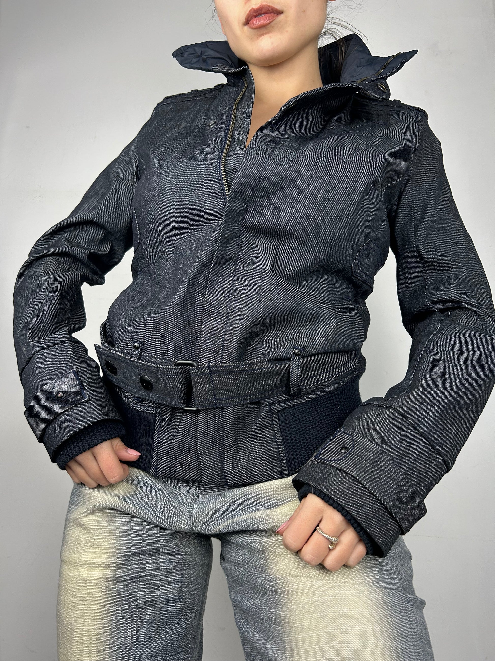 Navy zip up belt biker jacket  (S)