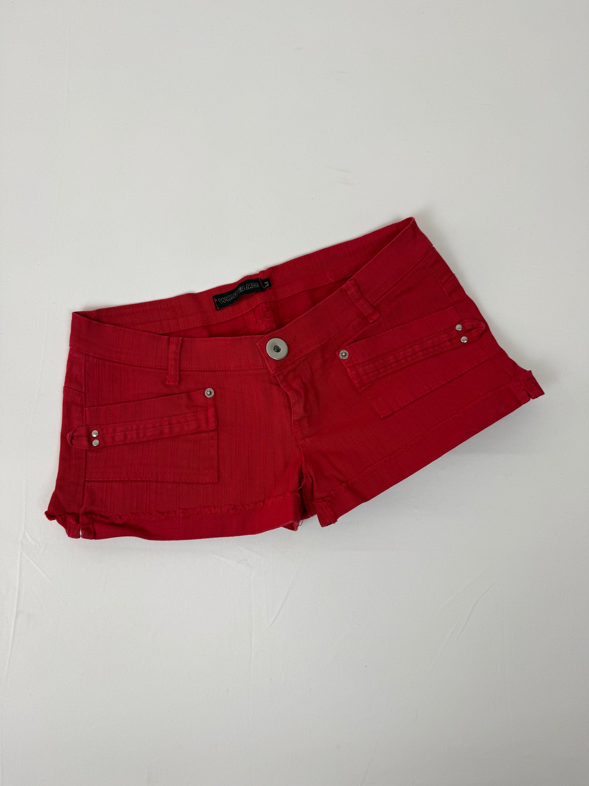 Red denim low rise mini short (M)
