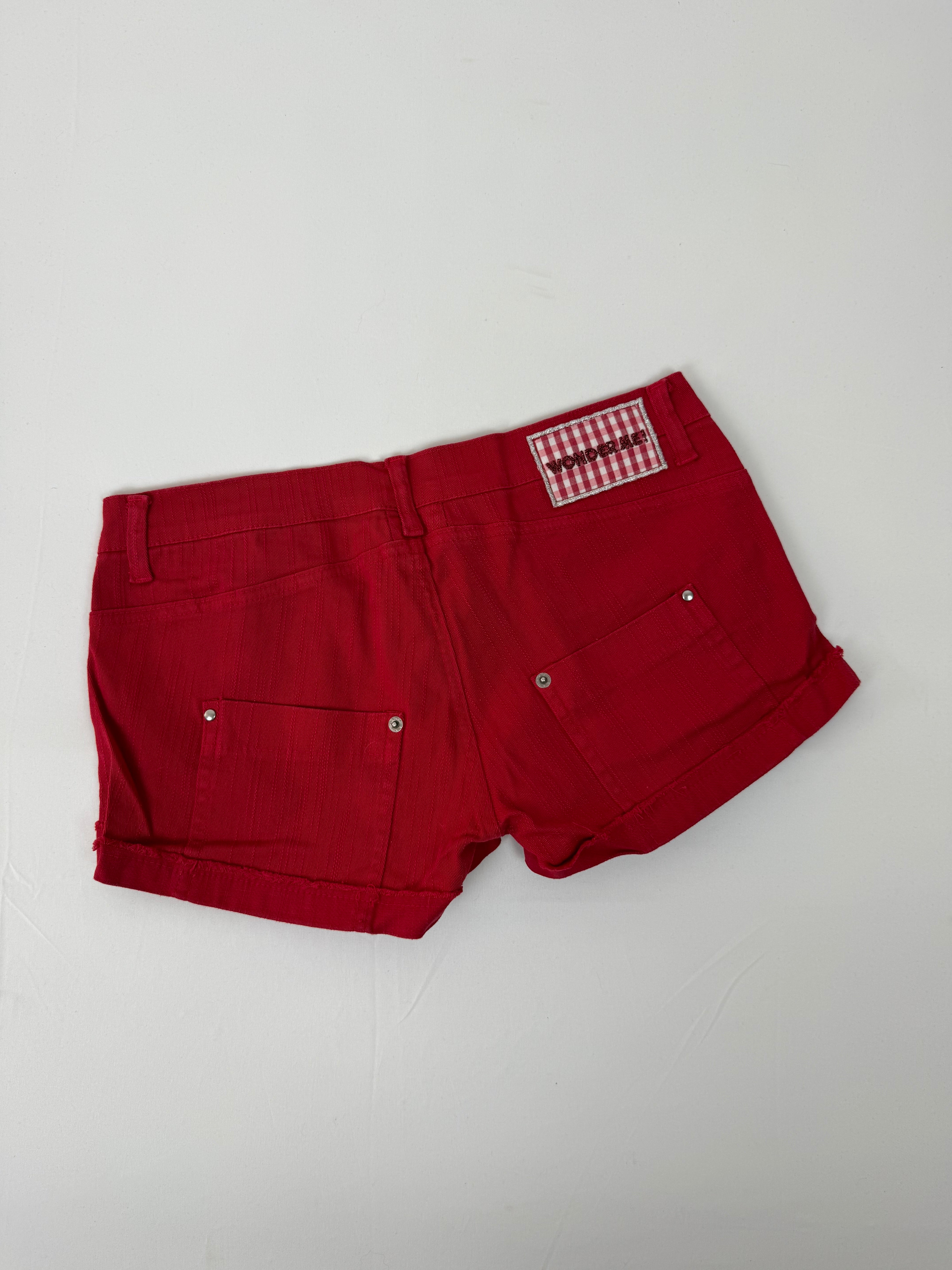 Red denim low rise mini short (M)