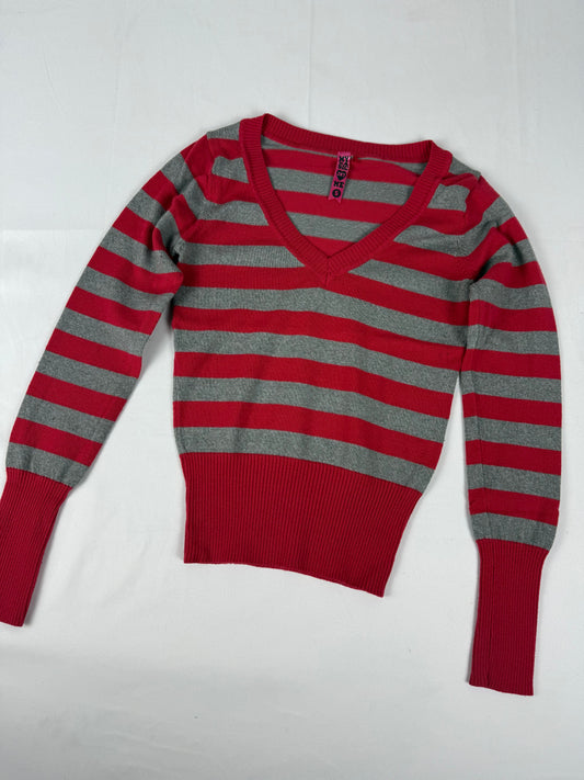 Red & grey striped V neck tight fit jumper (S)