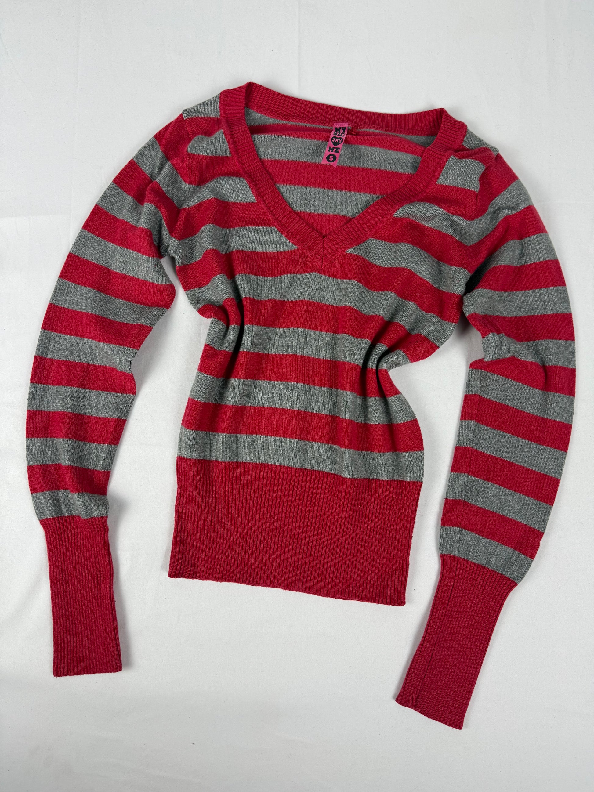 Red & grey striped V neck tight fit jumper (S)