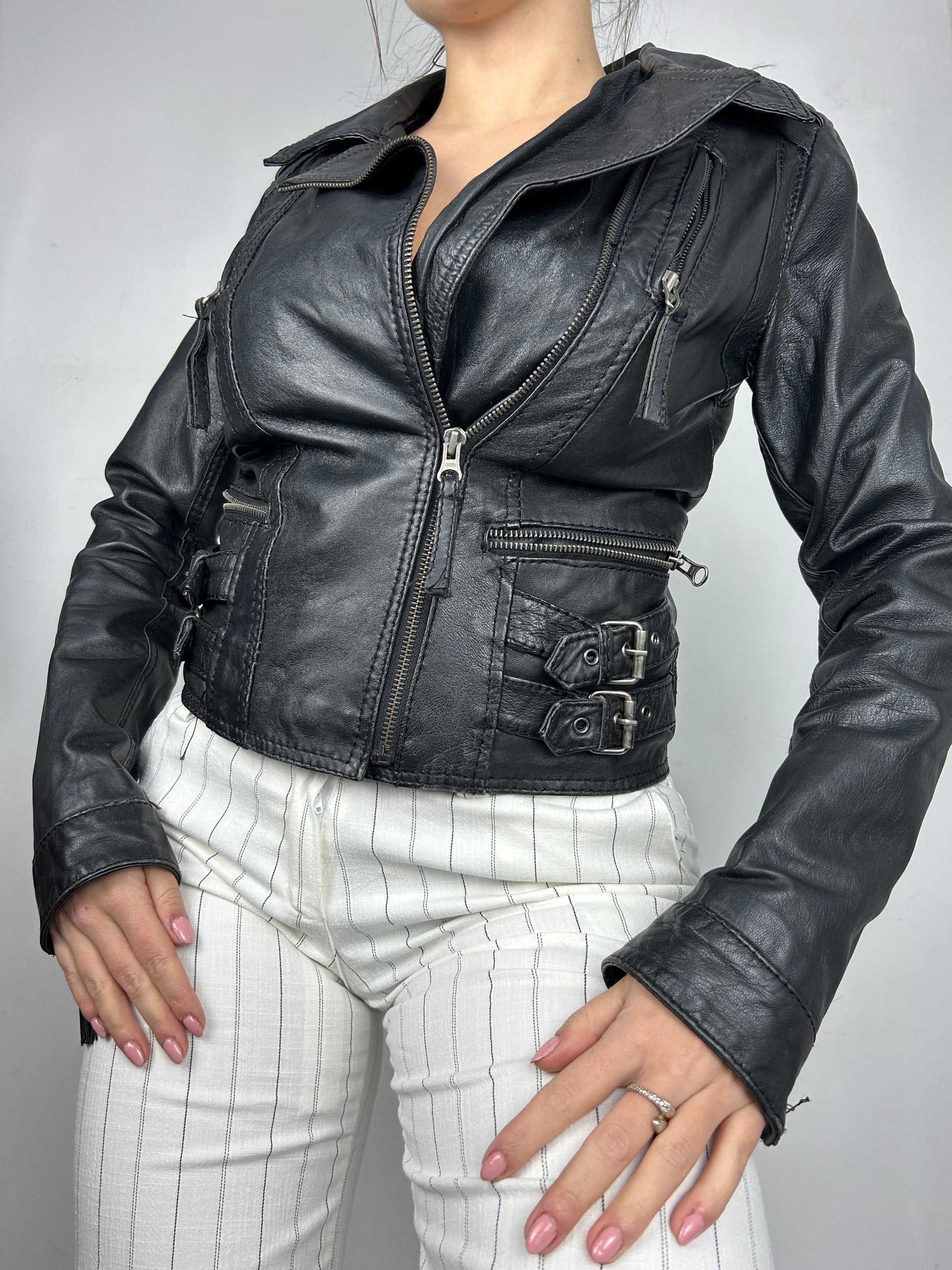 Black 100% real leather biker jacket  (S)