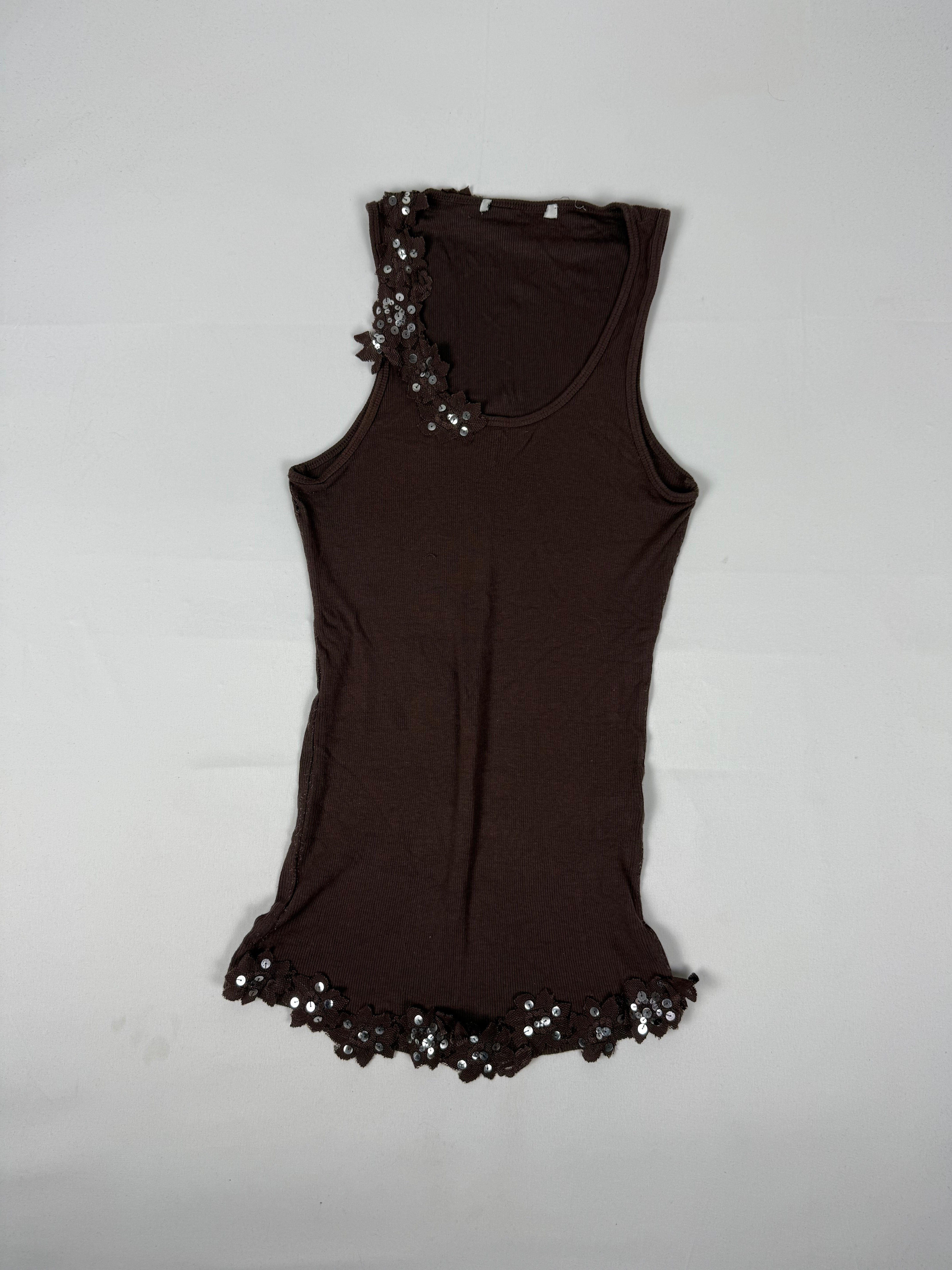 Brown ribbed sequins floral tank top (S/M)