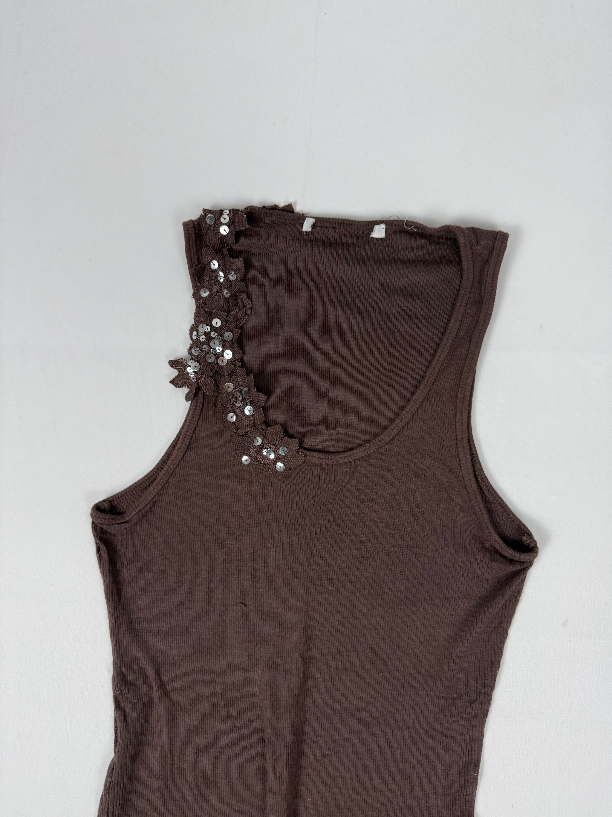 Brown ribbed sequins floral tank top (S/M)