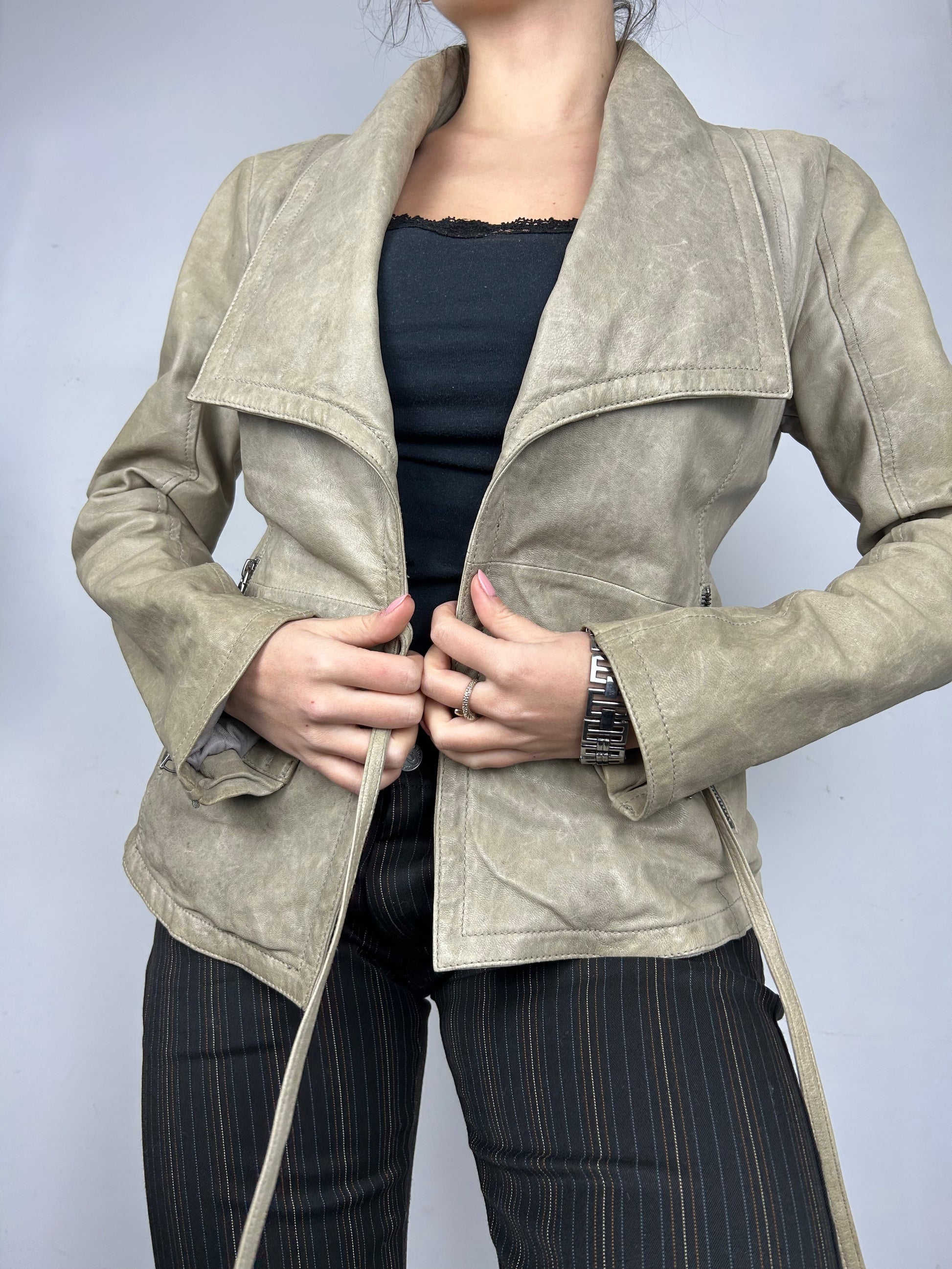 Beige 100% real leather tie up belt biker jacket  (M)