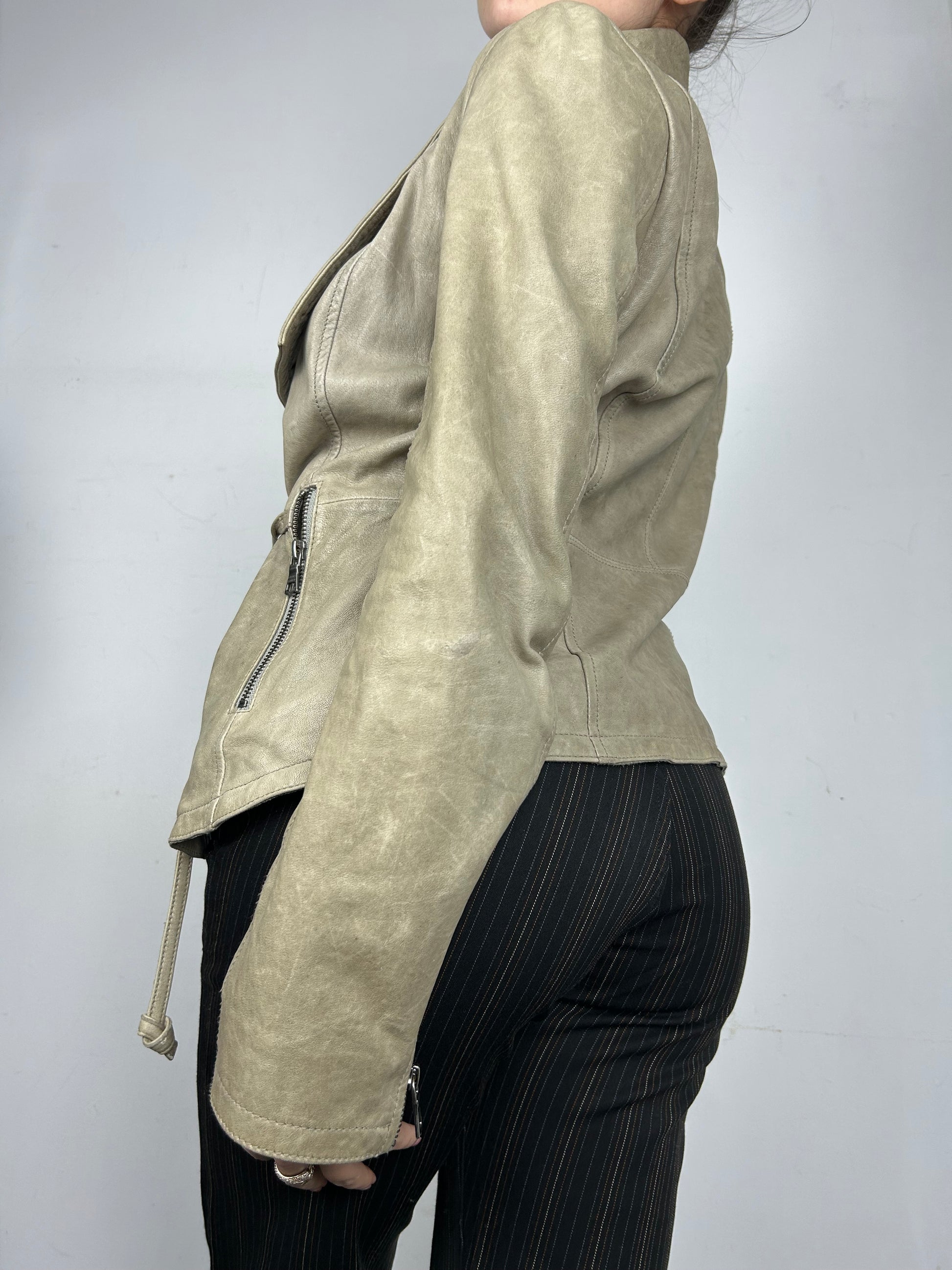 Beige 100% real leather tie up belt biker jacket  (M)