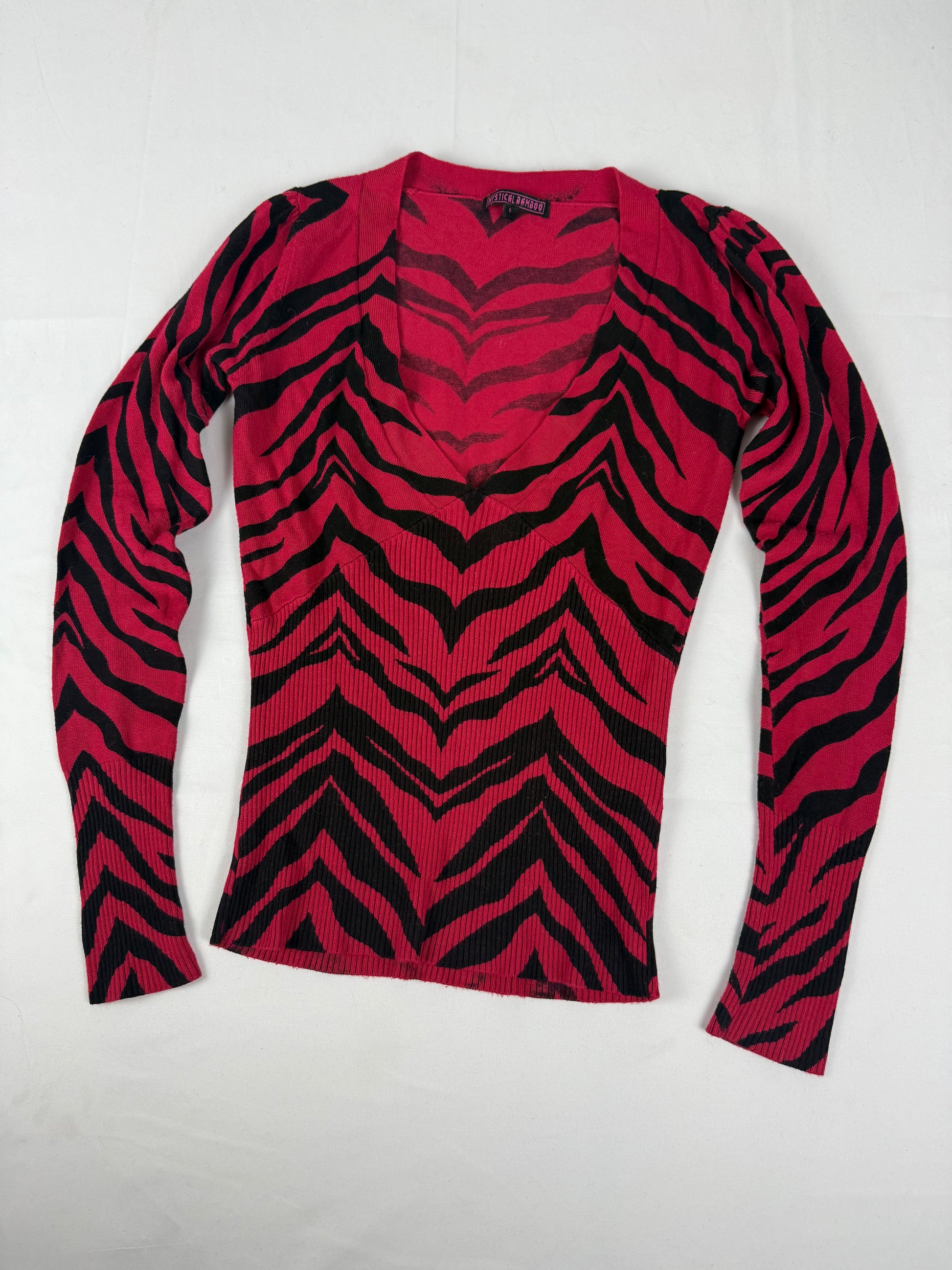 Red zebra print tight fit V neck jumper (XS/S)