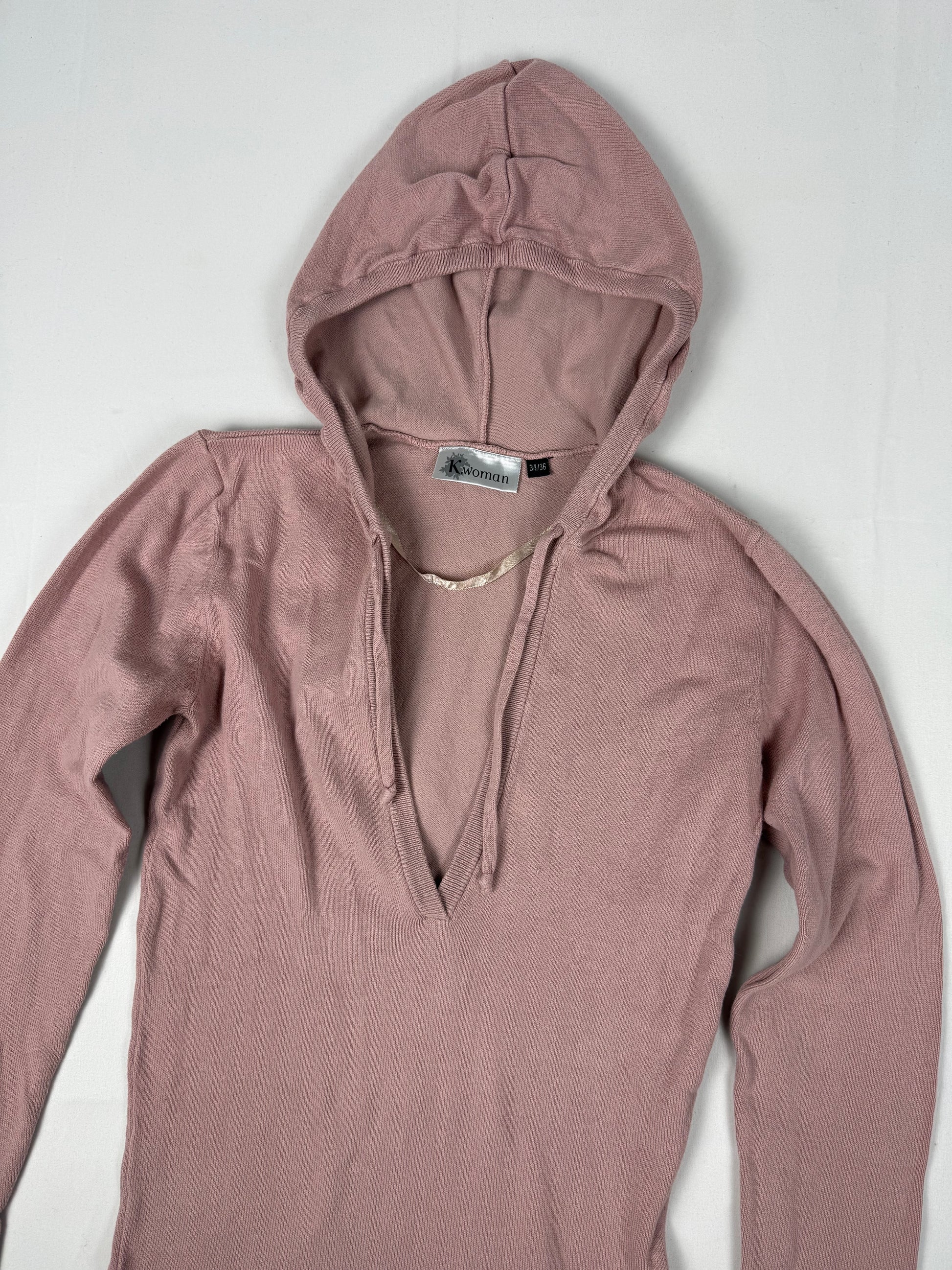 Pink V neck tight fit hooded jumper (XS/S)