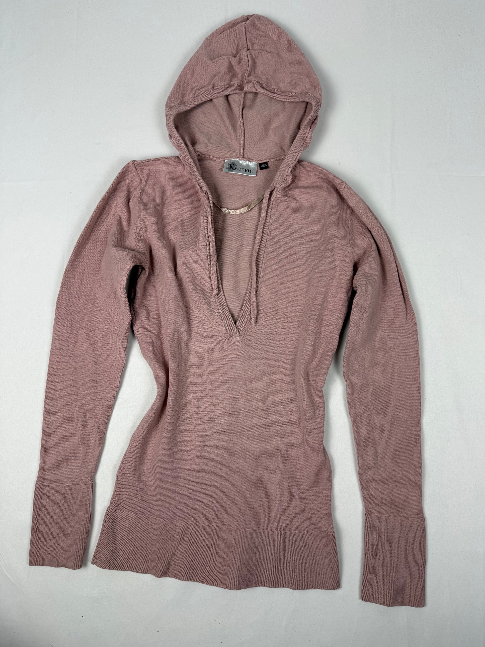 Pink V neck tight fit hooded jumper (XS/S)