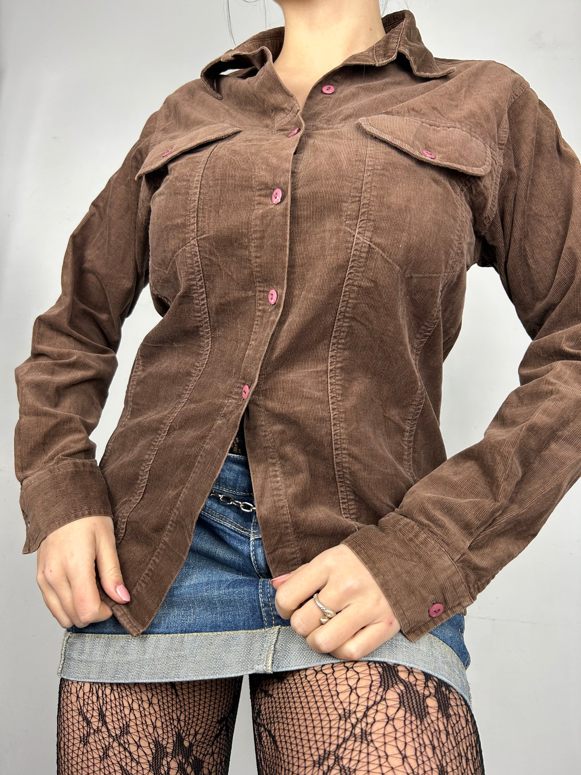 Brown velvet ribbed long sleeves shirt top (S/M)