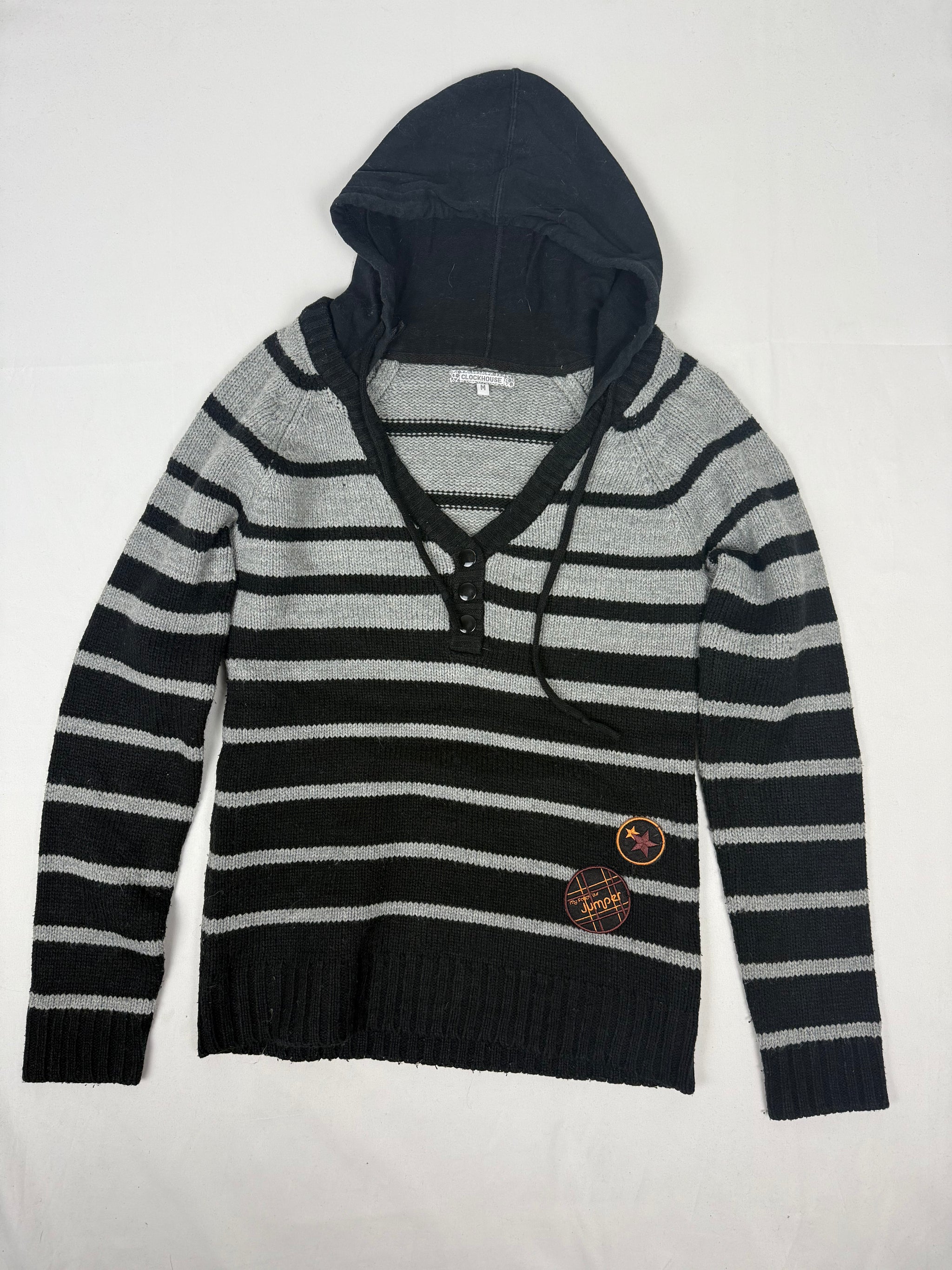 Black & grey striped hooded jumper (M)