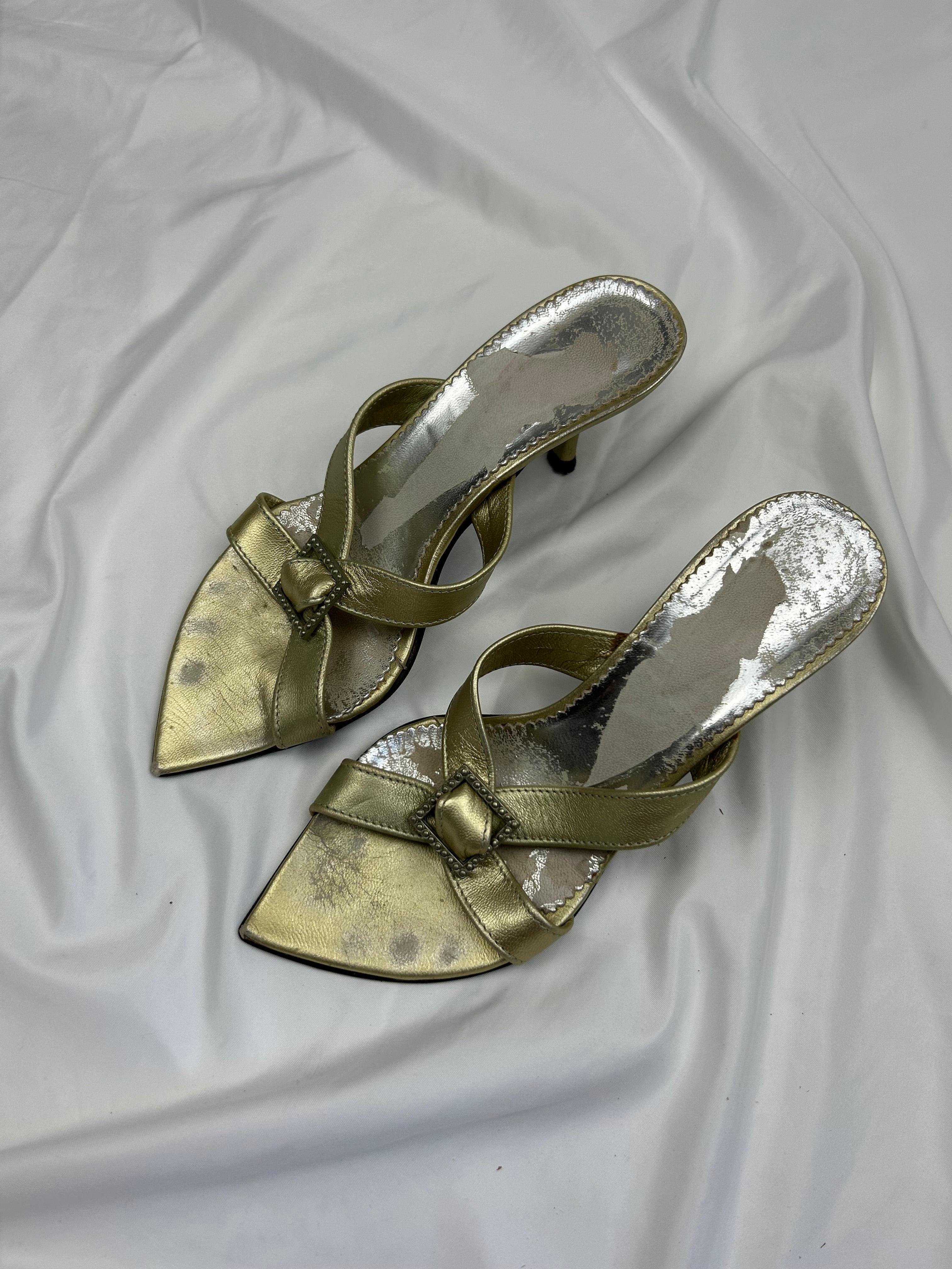 Gold 100% leather kitten heels mules (37)