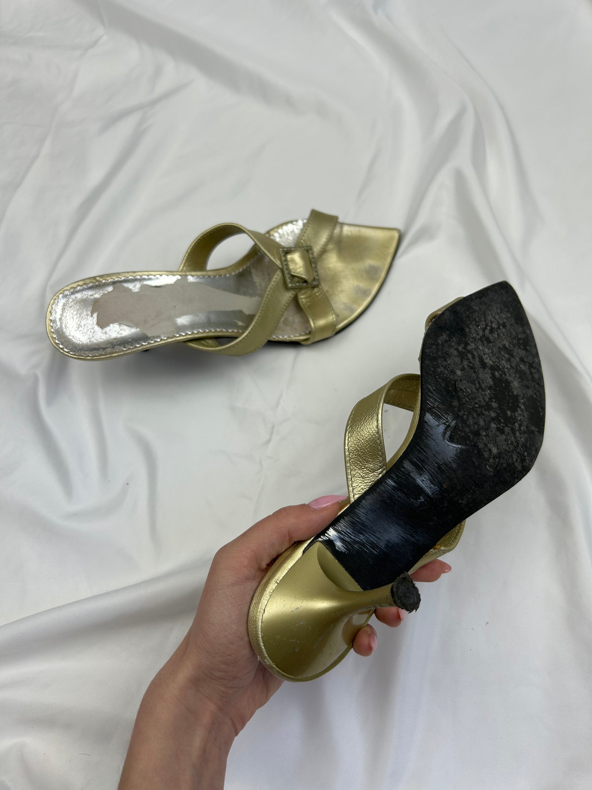 Gold 100% leather kitten heels summer mules (37)