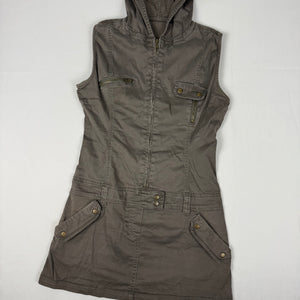 Khaki hooded denim zip up mini dress (S)