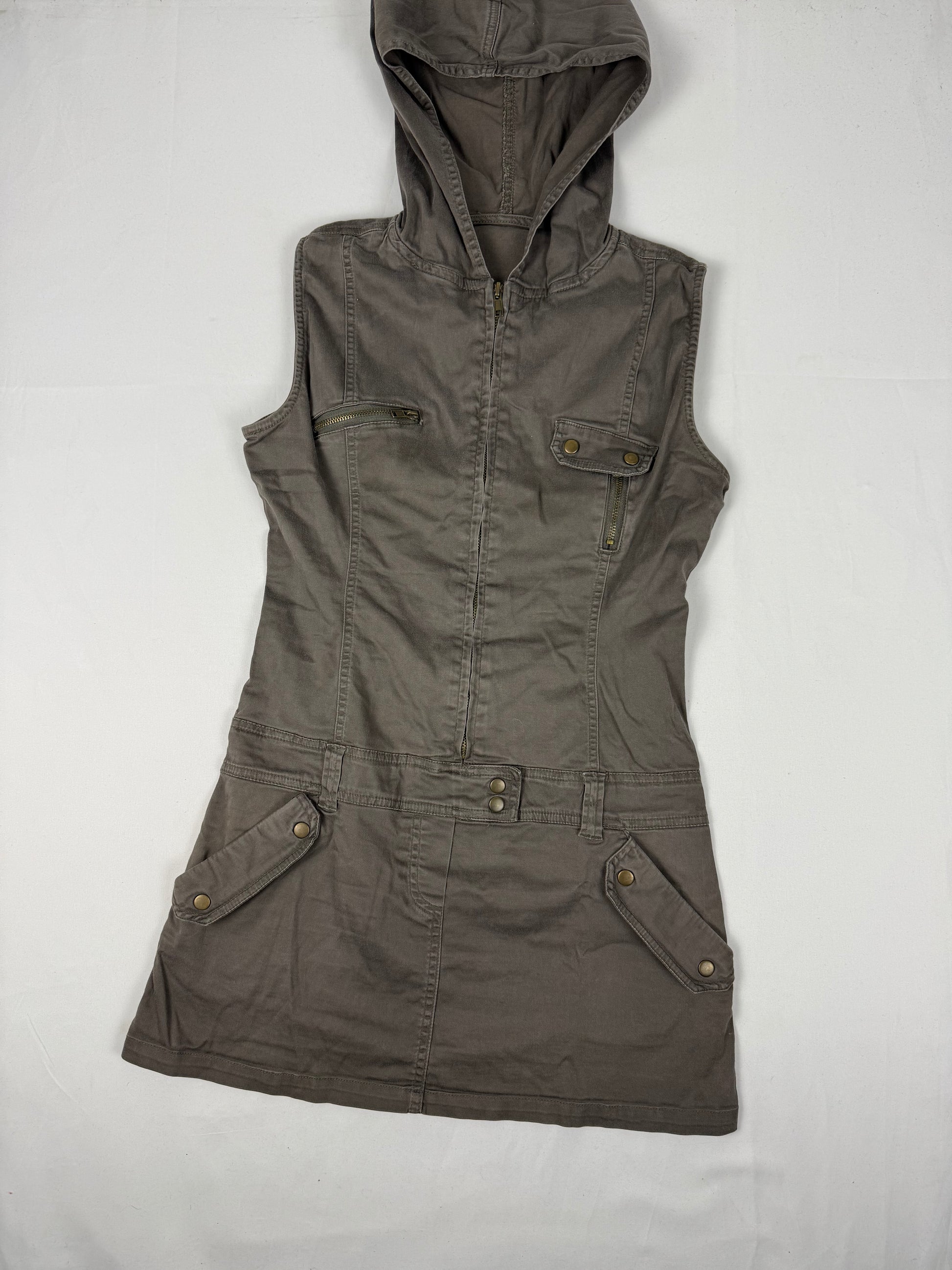 Khaki hooded denim zip up mini dress (S)