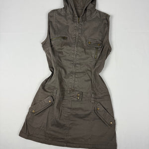 Khaki hooded denim zip up mini dress (S)