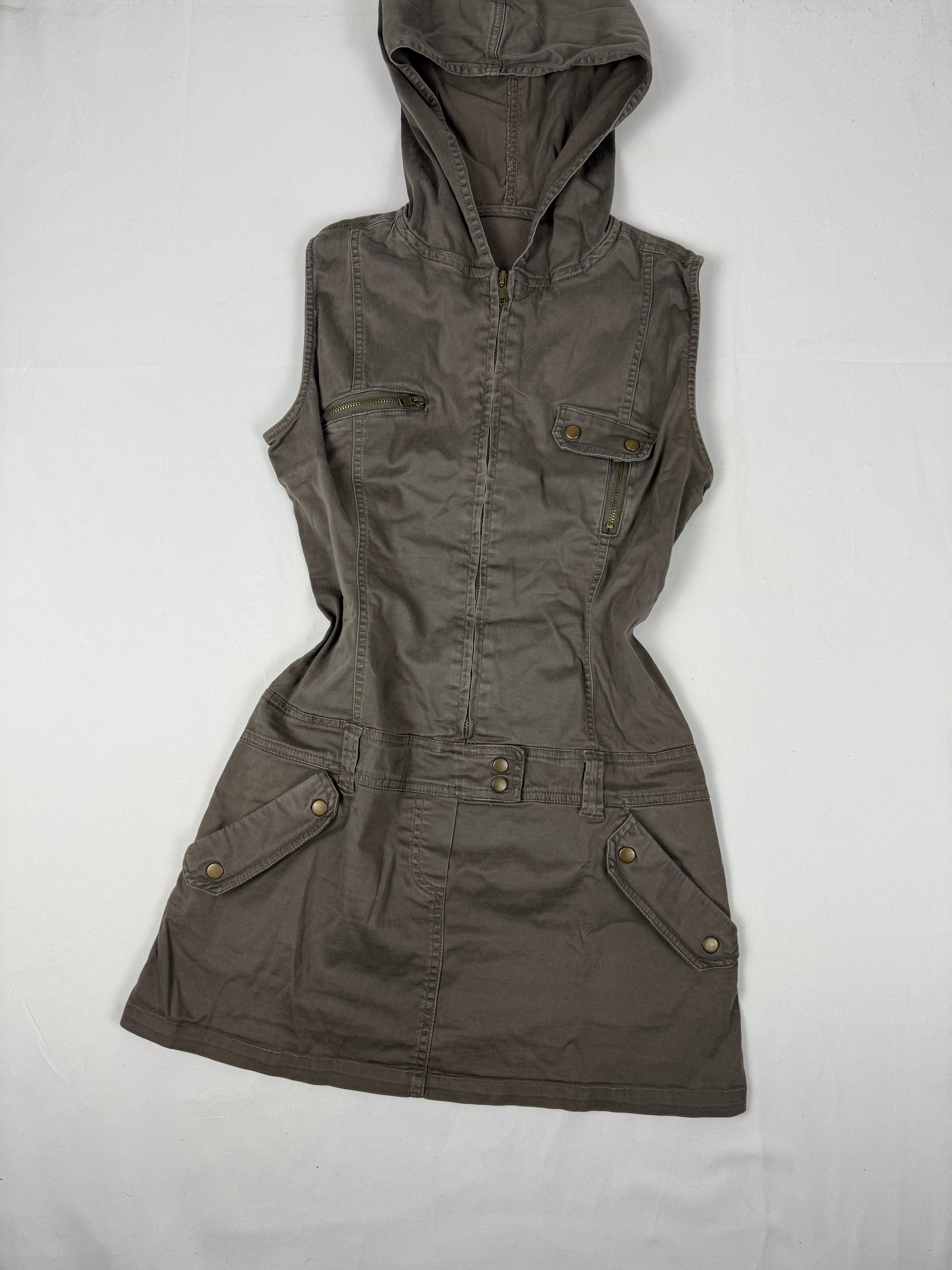 Khaki hooded denim zip up mini dress (S)