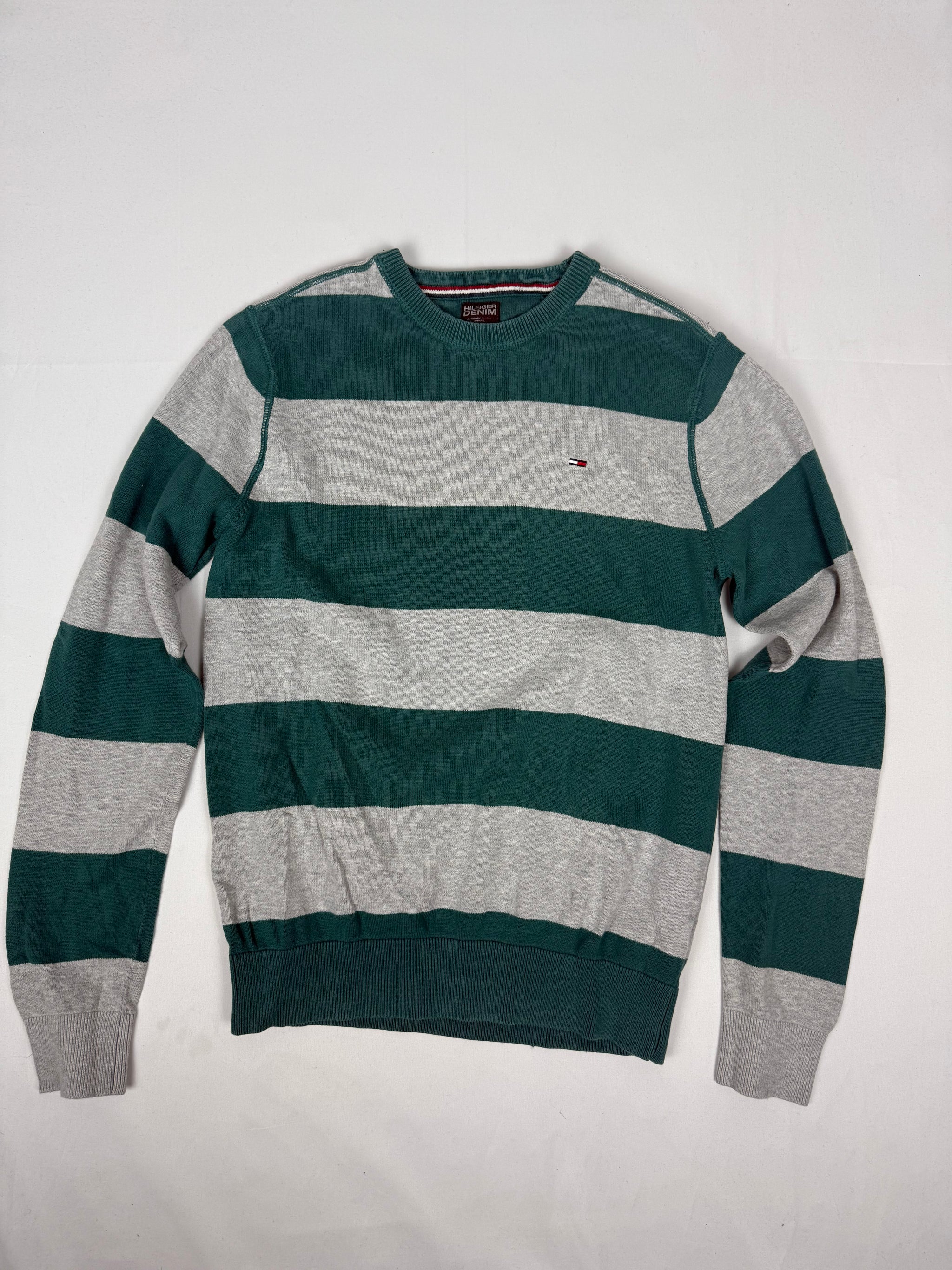 Green & grey striped roundneck cotton jumper (S/M)