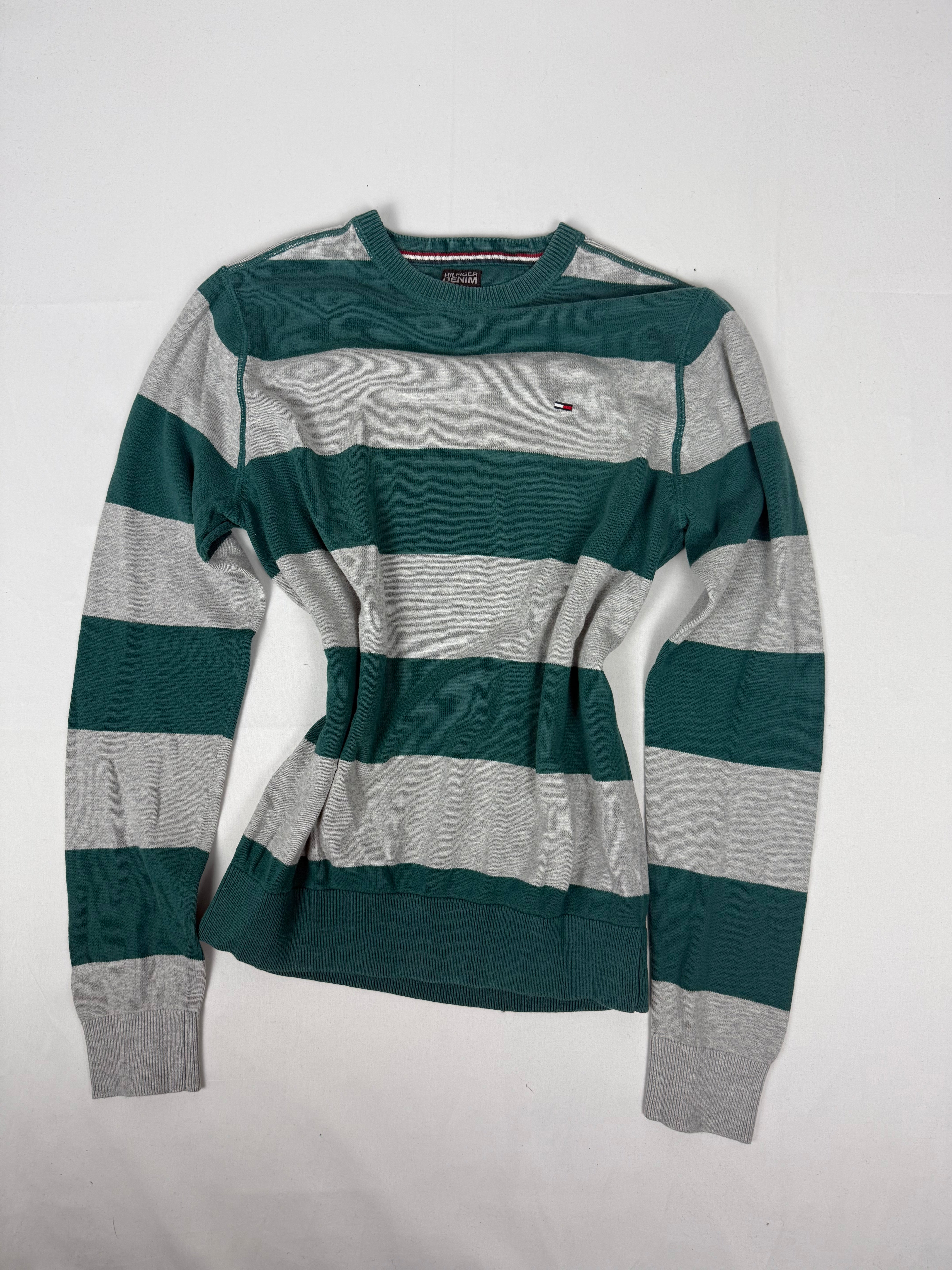 Green & grey striped roundneck cotton jumper (S/M)