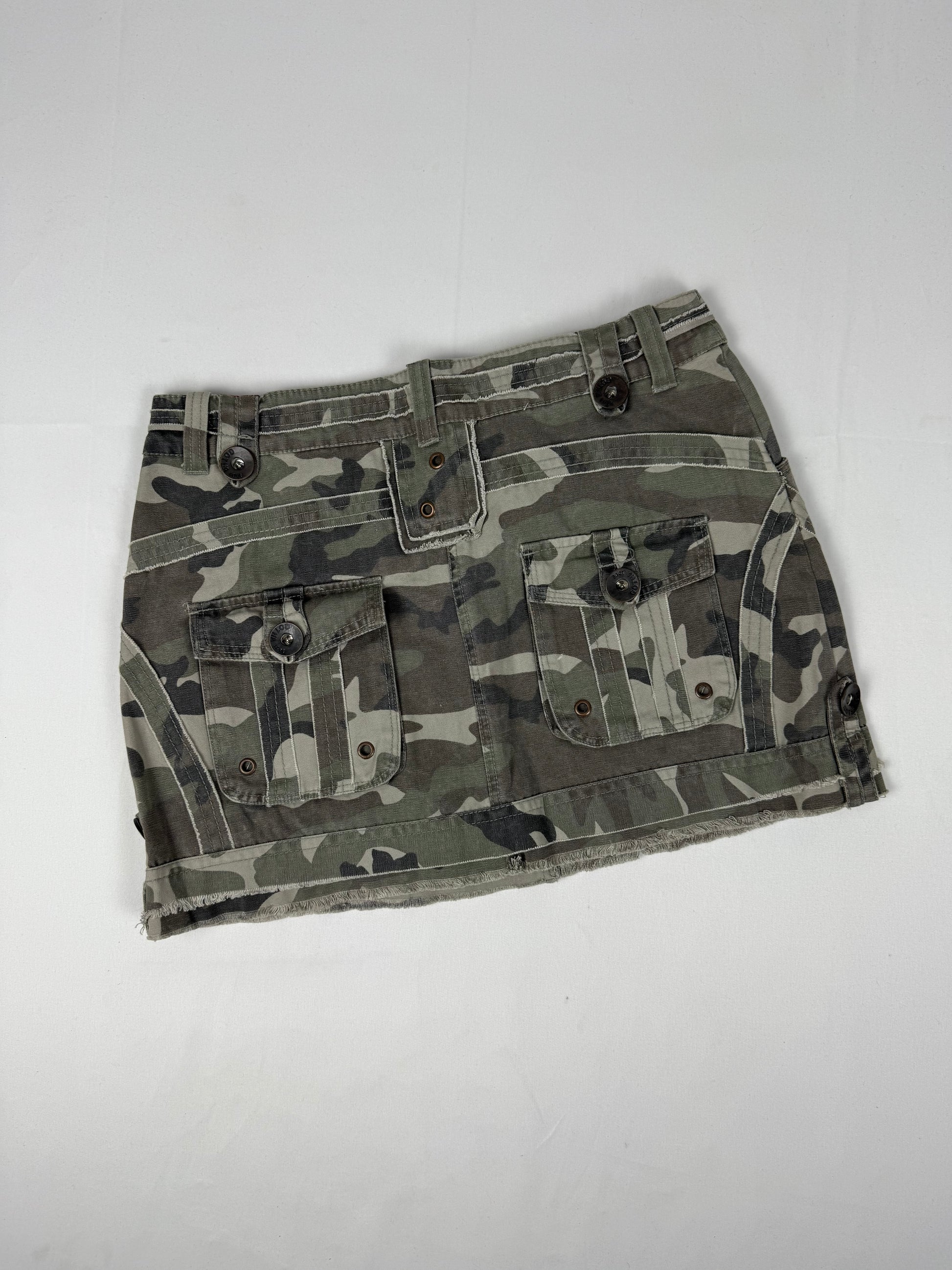 Khaki camo print low rise denim mini skirt (S)