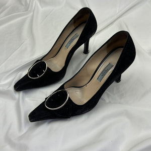 Black suede leather pointed toes buckles heels (36)