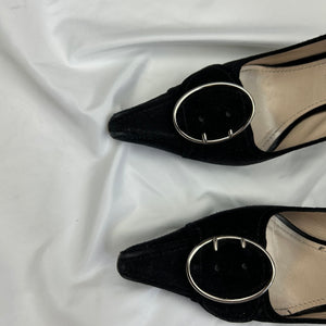 Black suede leather pointed toes buckles heels (36)