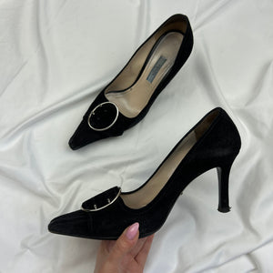 Black suede leather pointed toes buckles heels (36)