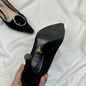 Black suede leather pointed toes buckles heels (36)