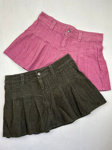 Velvet ribbed denim low rise pleated mini skirt (L)