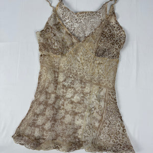 Beige graphic real silk mesh asymmetric top (M)