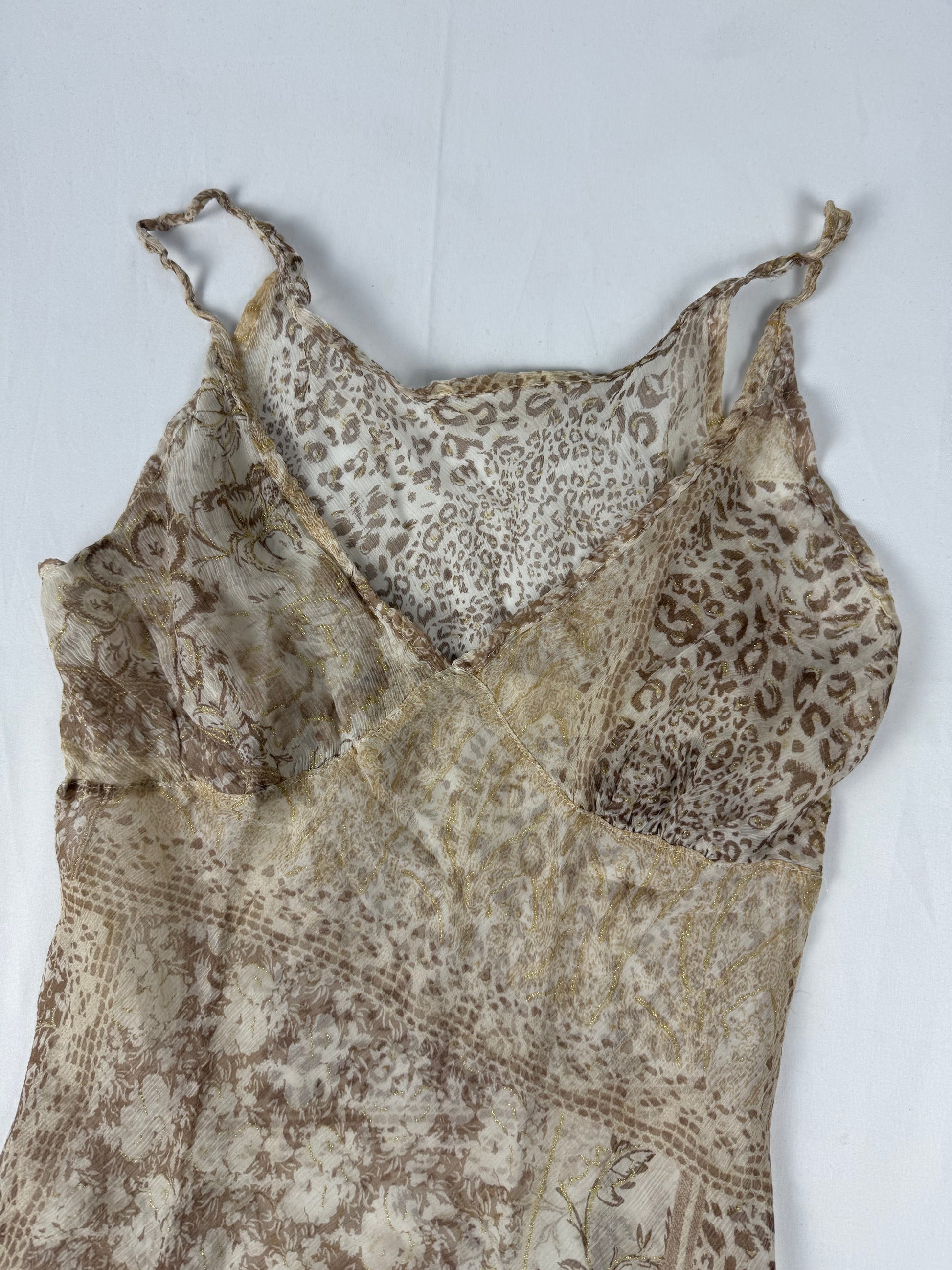 Beige graphic real silk mesh asymmetric top (M)
