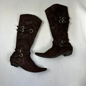 Brown  knee high suede leather buckles pointed toes boots (37)
