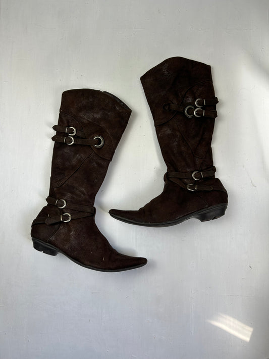 Brown  knee high suede leather buckles pointed toes boots (37)