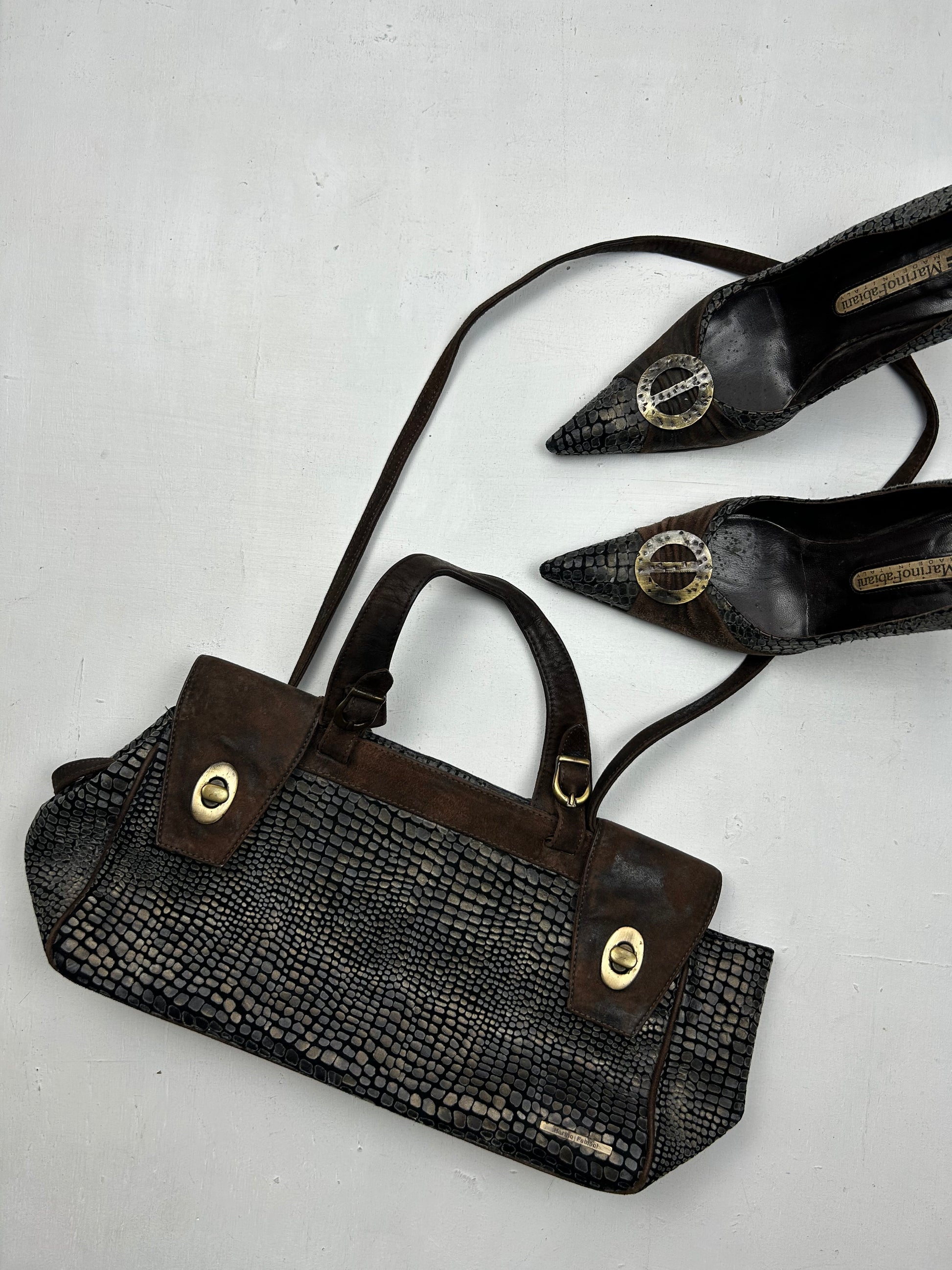 Set Brown croco kitten heels + medium crossbody handbag