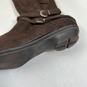 Brown  knee high suede leather buckles pointed toes boots (37)