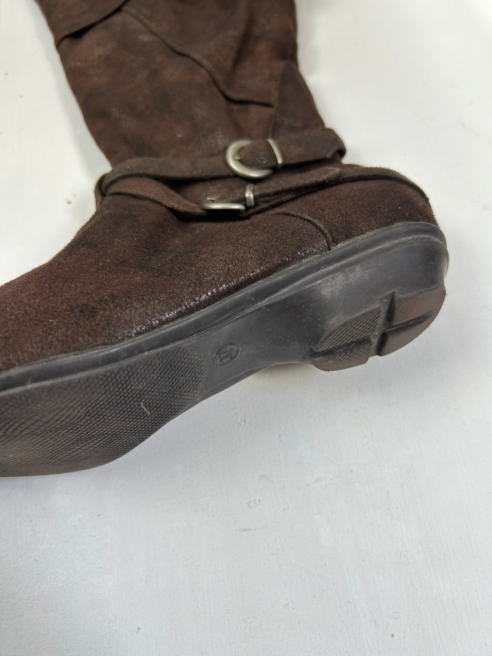 Brown  knee high suede leather buckles pointed toes boots (37)