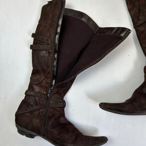 Brown  knee high suede leather buckles pointed toes boots (37)