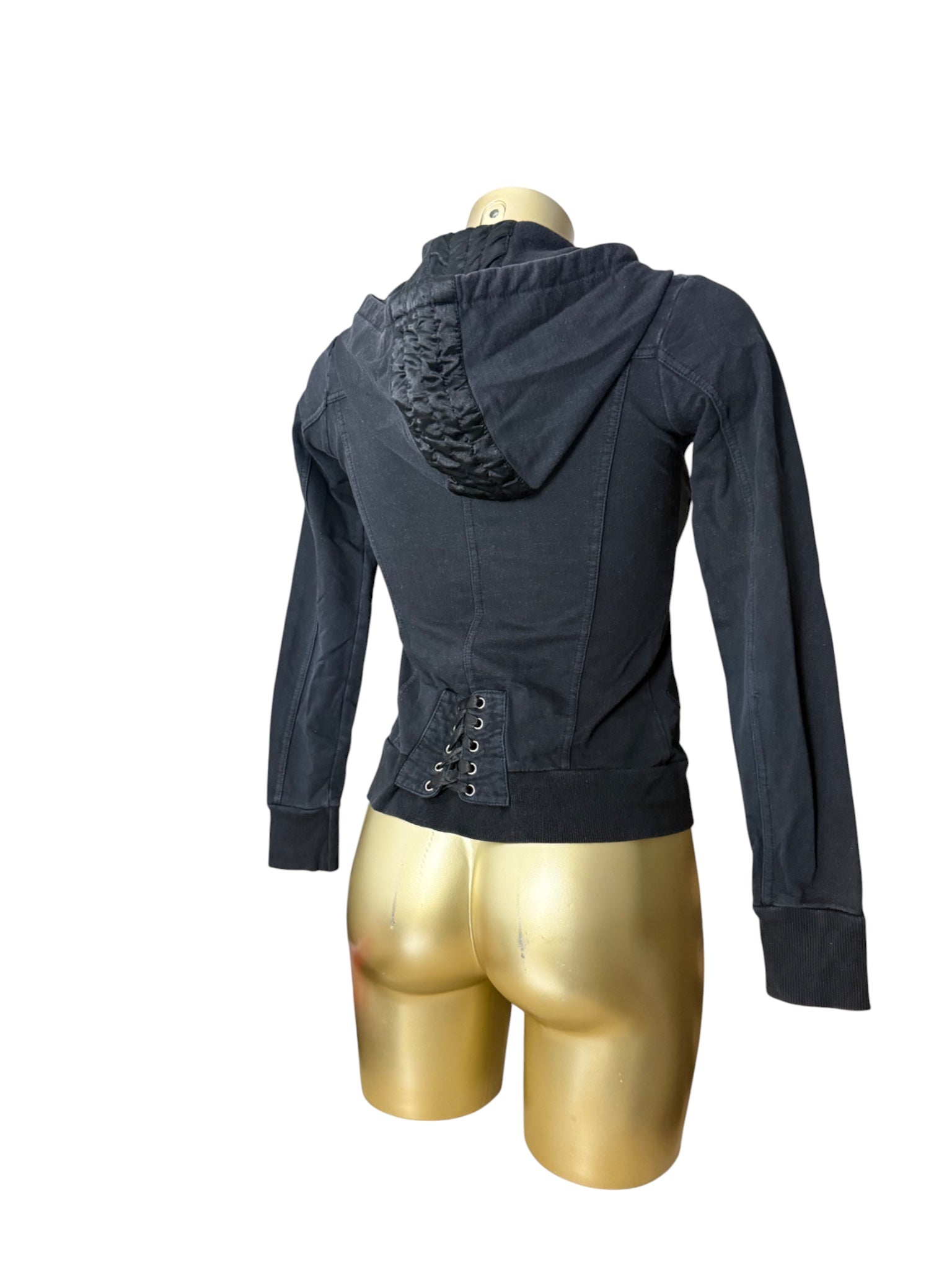 Black lace up tight fit zip up hoodie (XS)