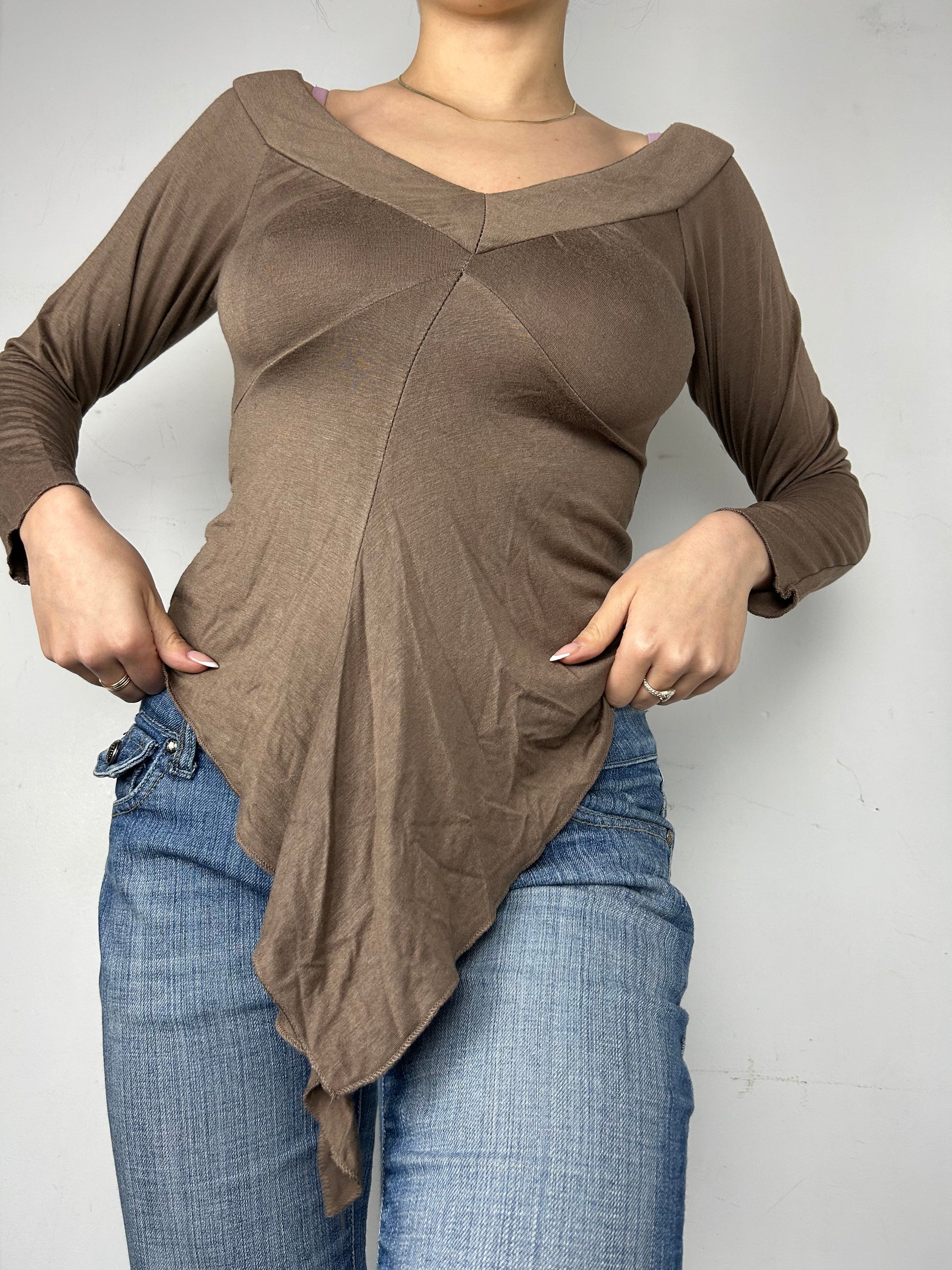 Brown asymmetric stretchy  long sleeves top (S/M)