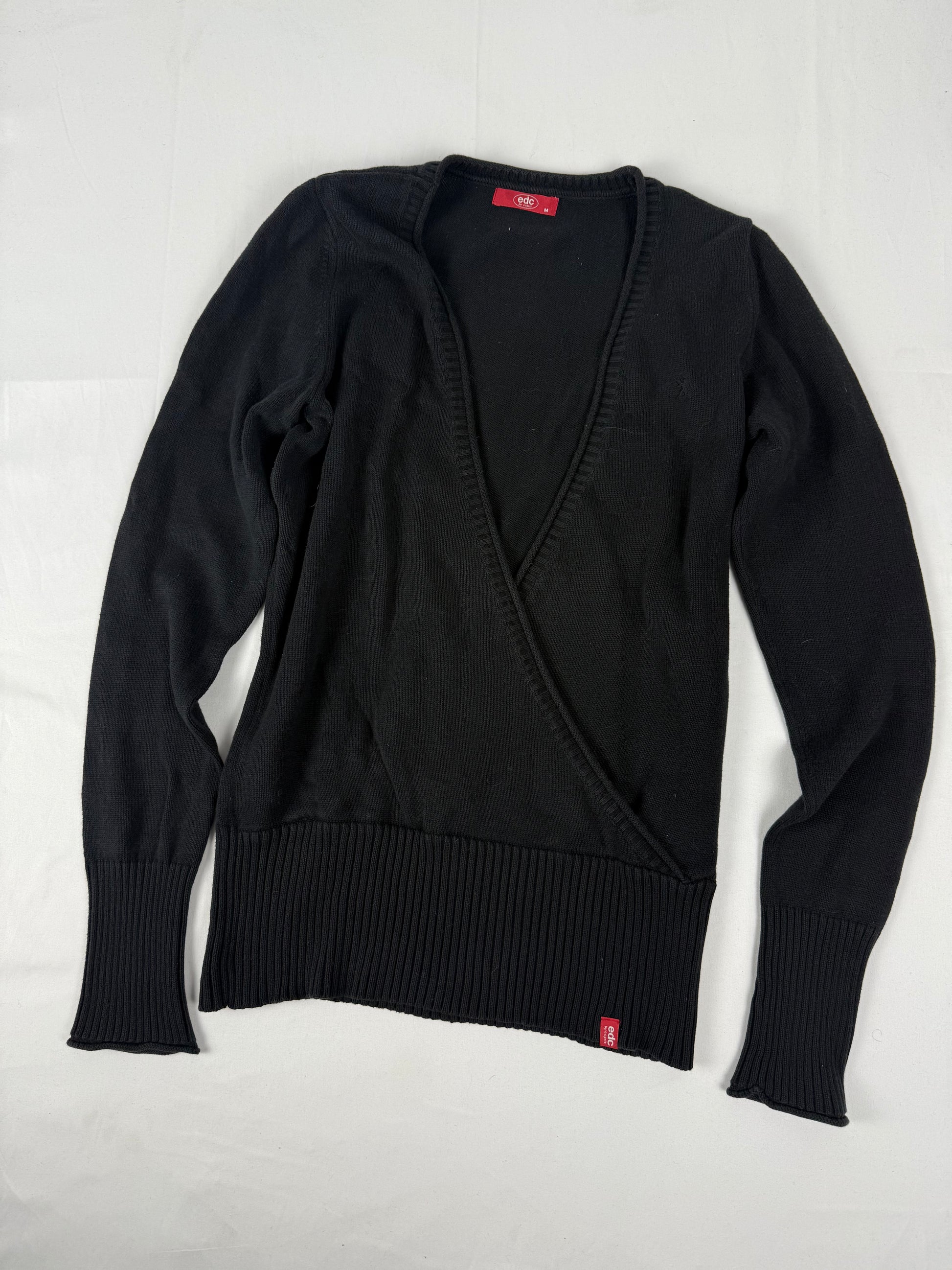 Black 100% cotton V neck tight fit wrap cardigan jumper (M)