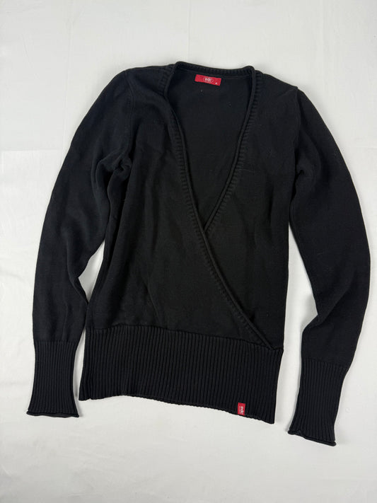 Black 100% cotton V neck tight fit wrap cardigan jumper (M)