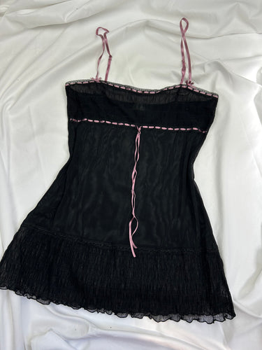 Black tie up mesh & pink bow cami top (M)