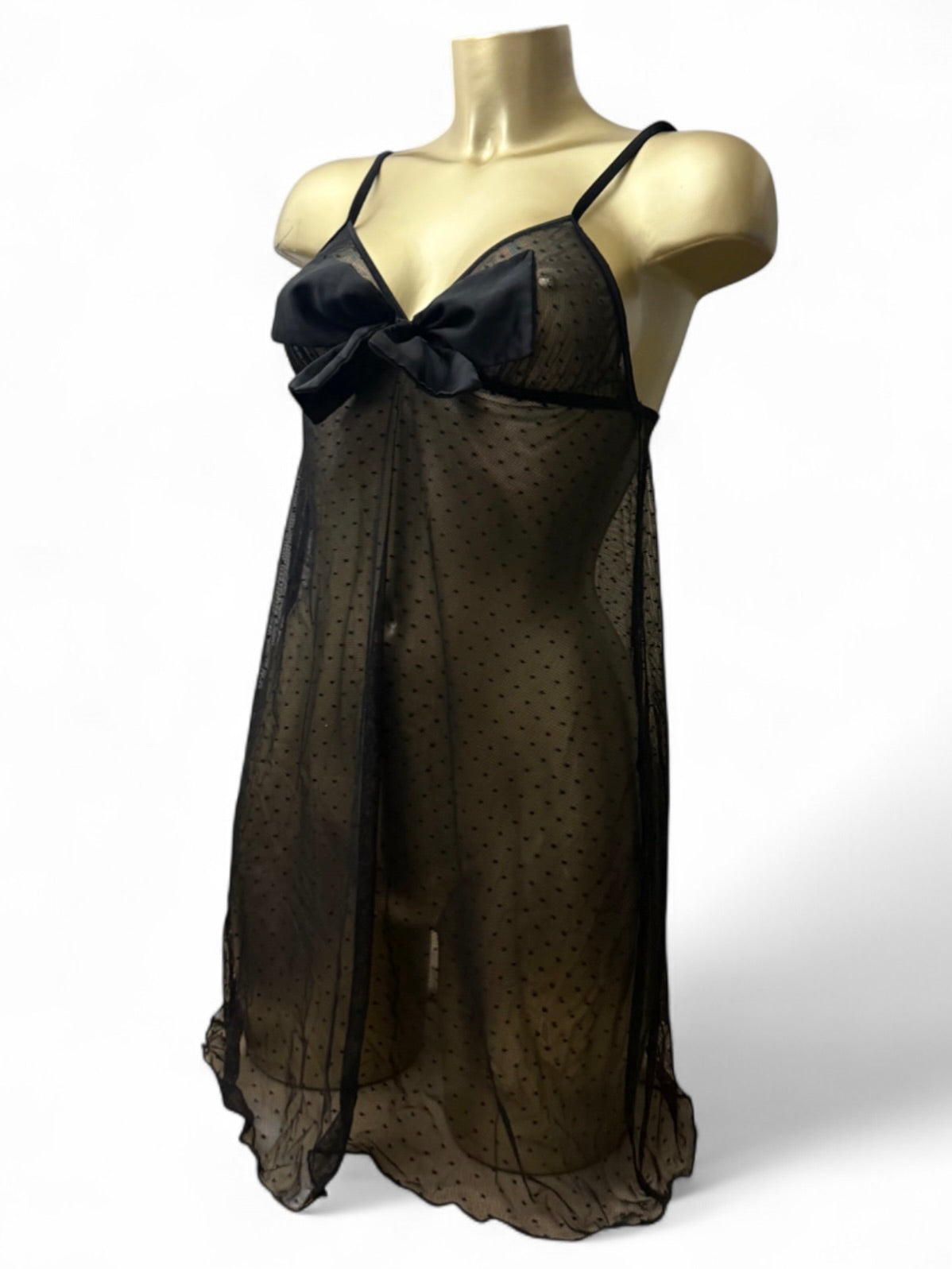 Black mesh bow polka dots babydoll mini dress (S/M)