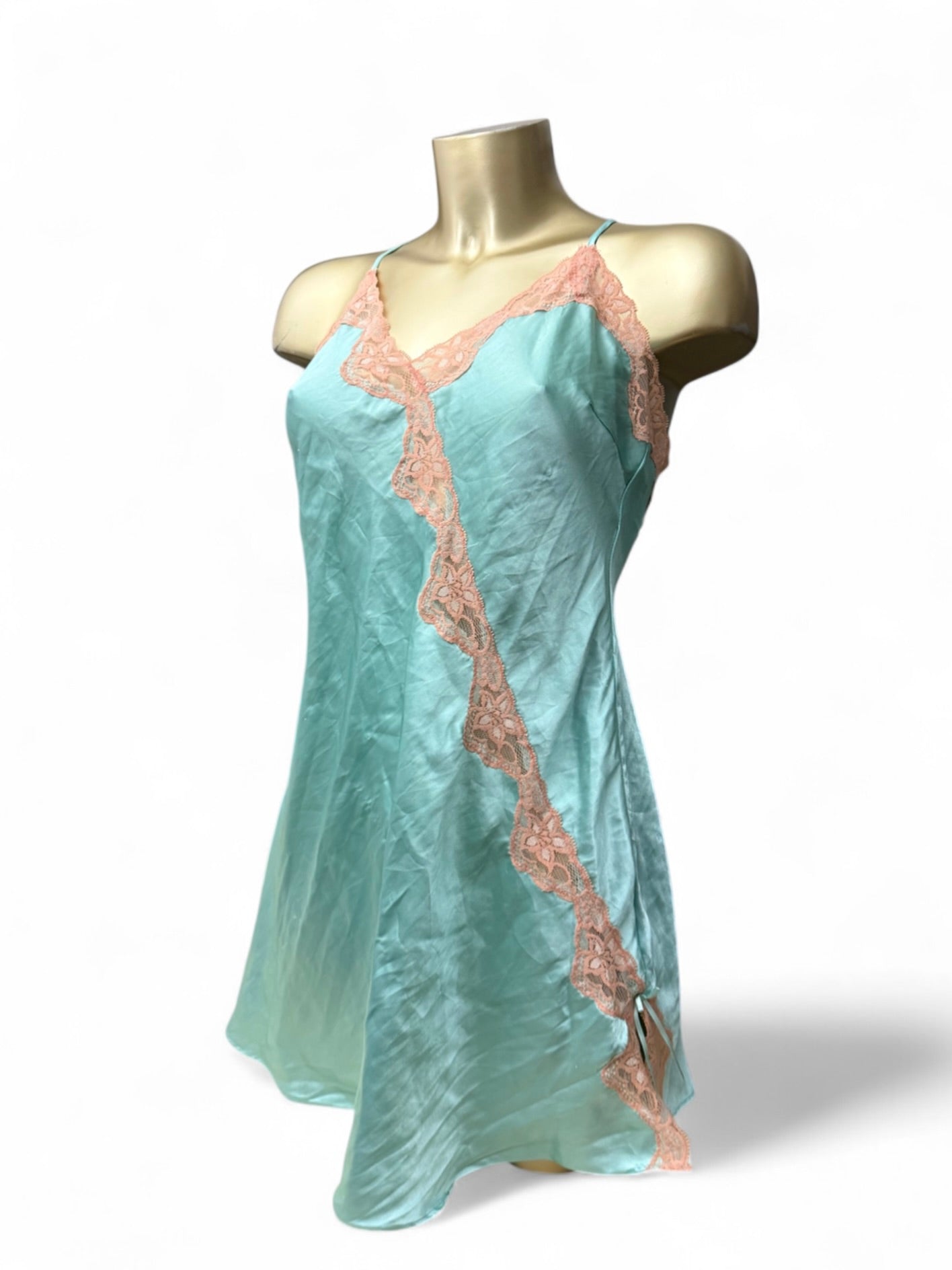 Blue silky & lace babydoll mini dress (M)