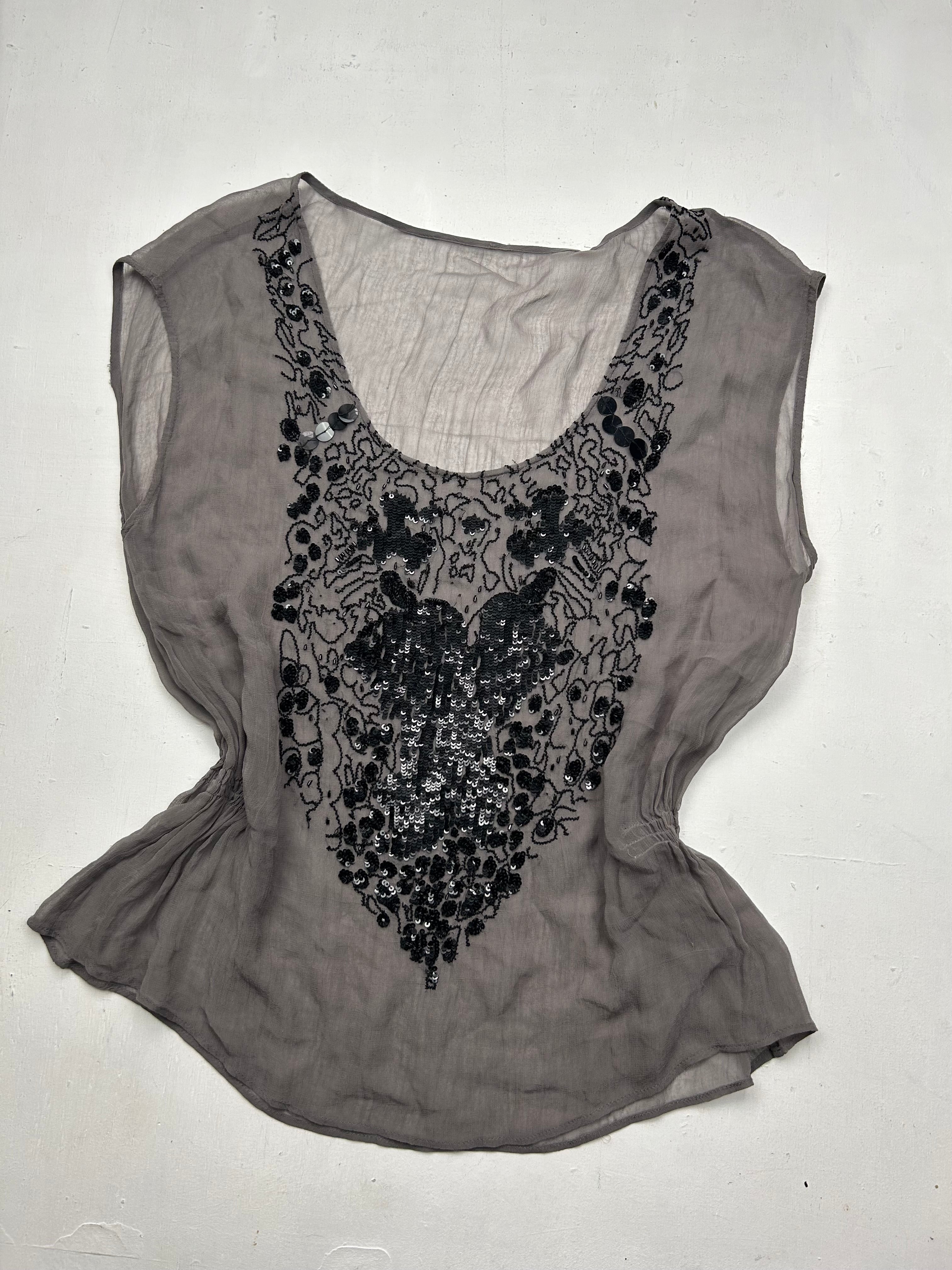 Khaki mesh pearls top (S/M)