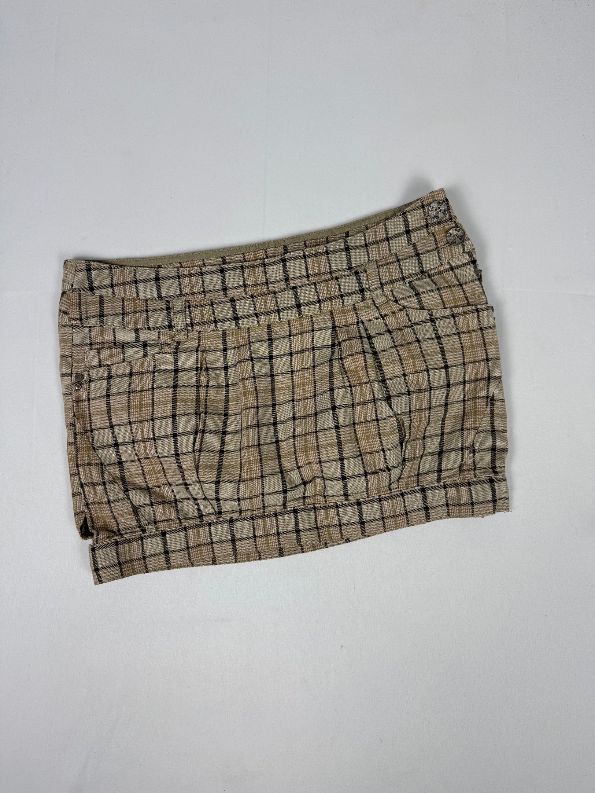 Brown check print low rise cotton mini skirt (M)