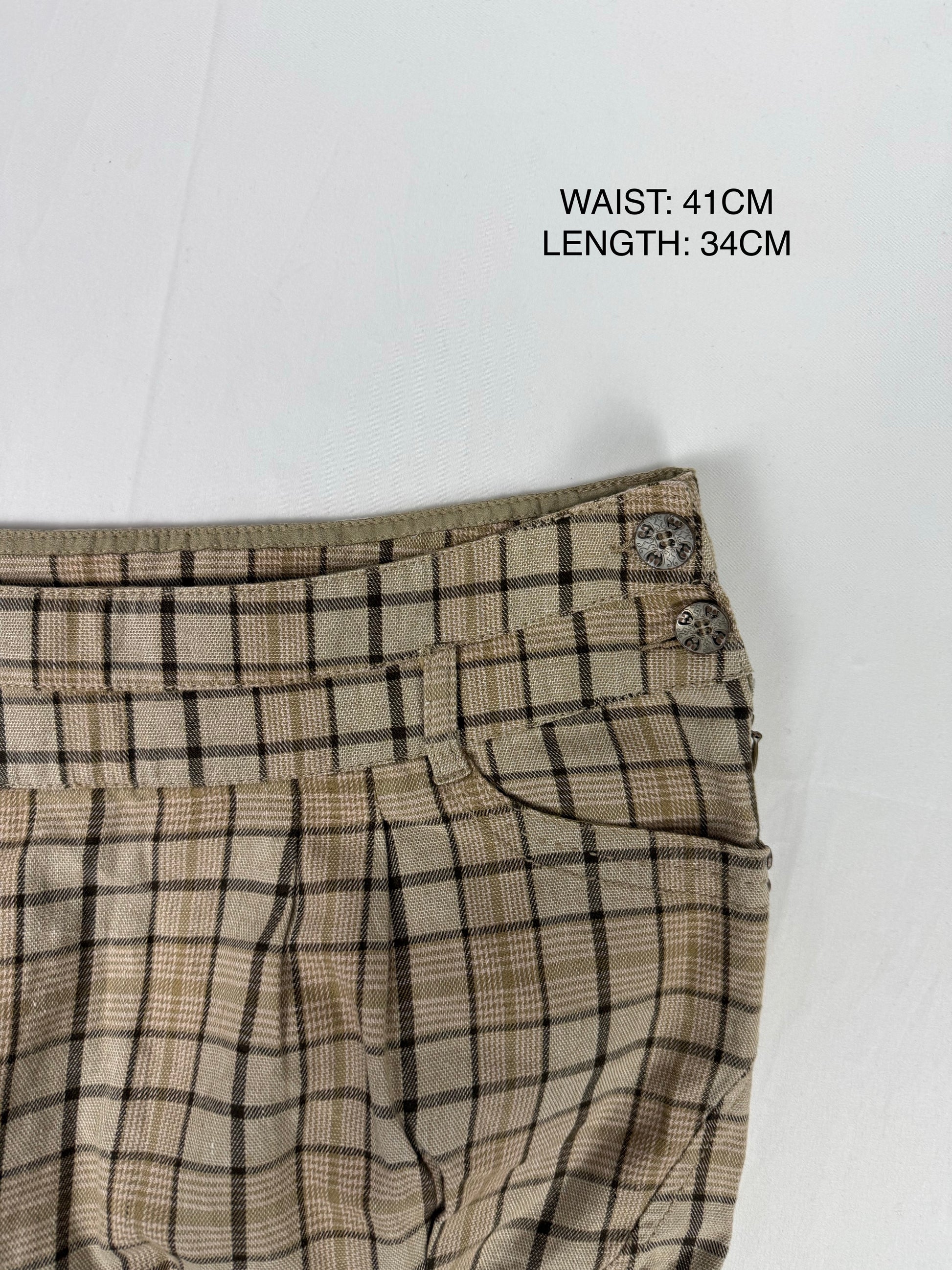 Brown check print low rise cotton mini skirt (M)
