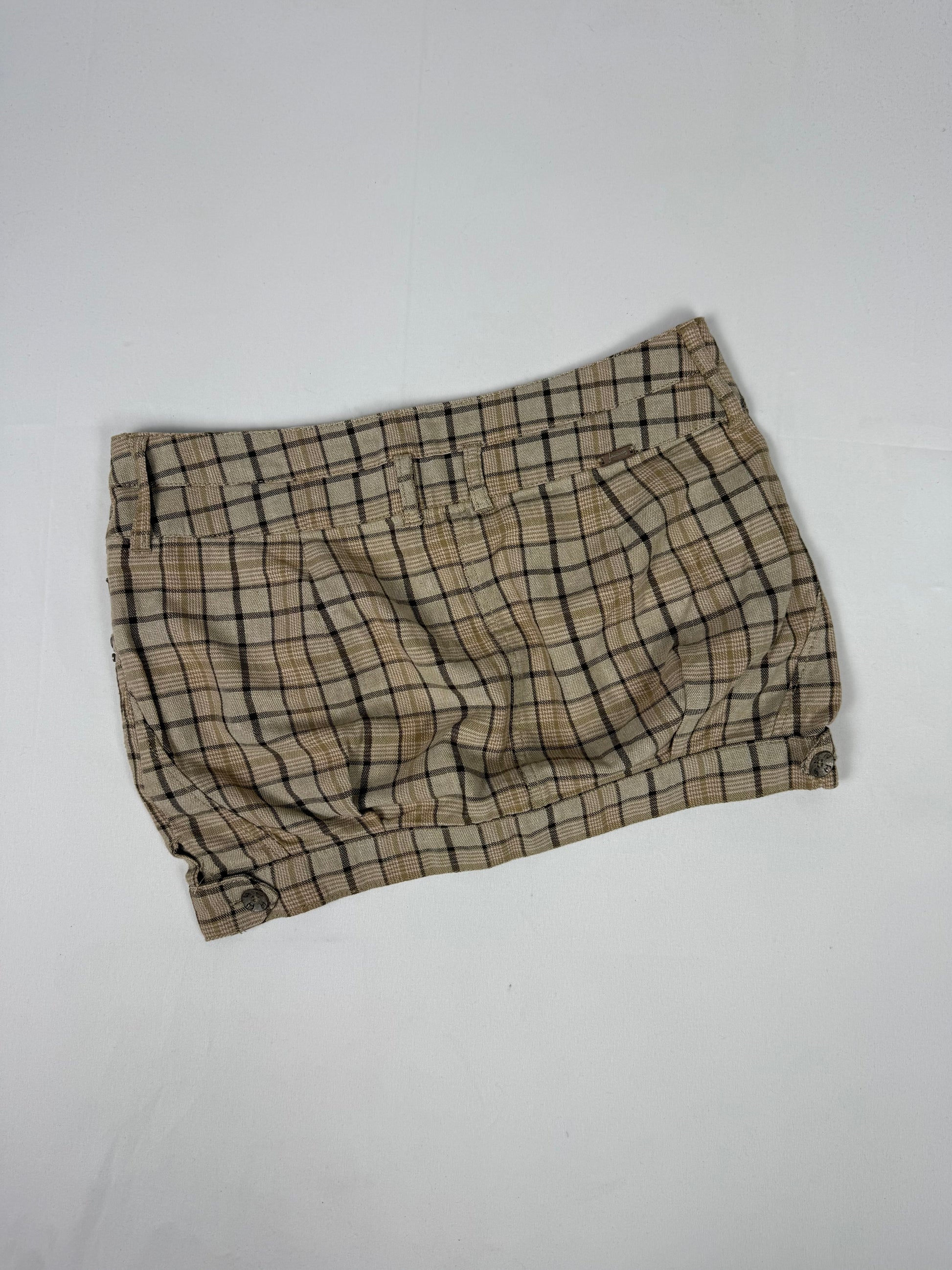 Brown check print low rise cotton mini skirt (M)